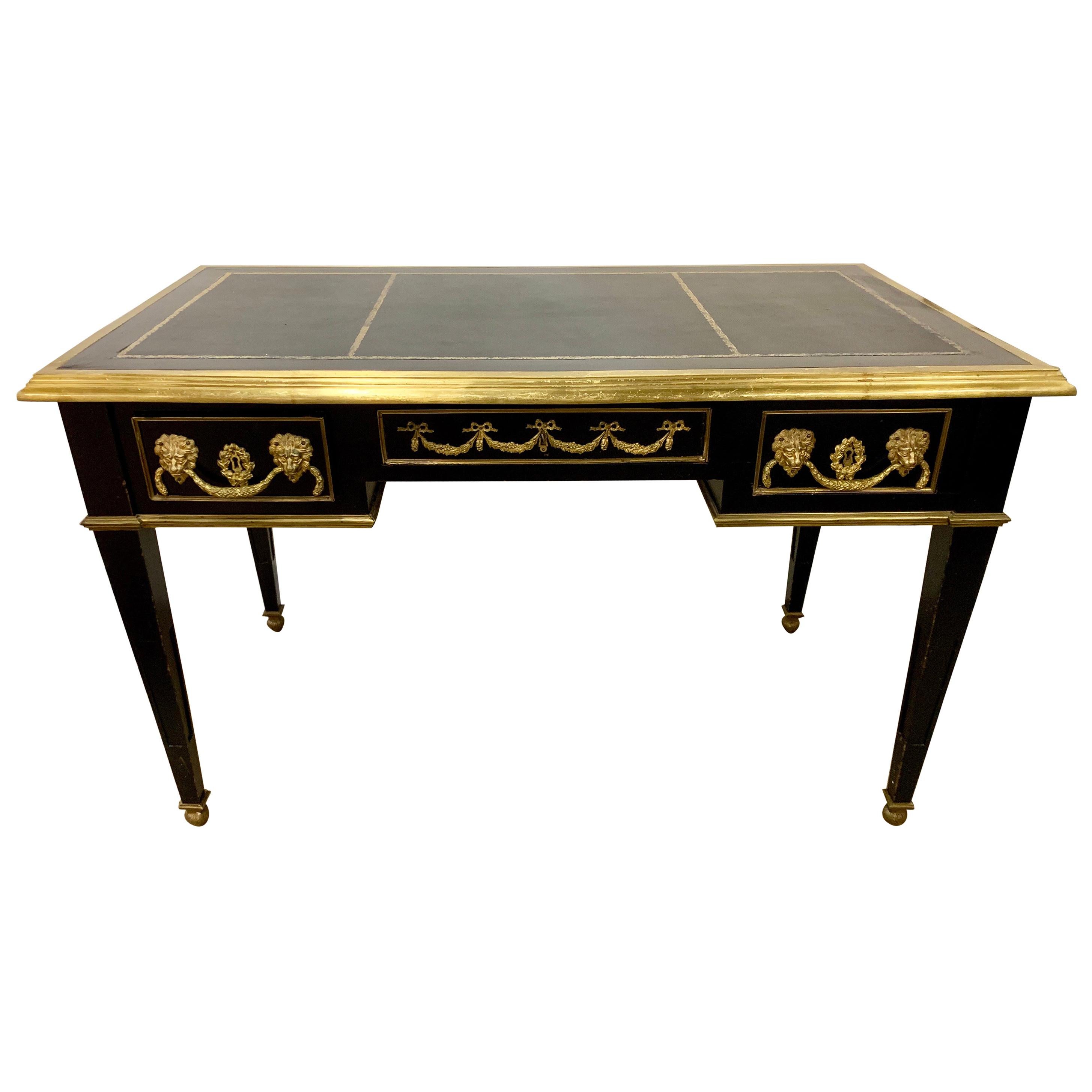 French Louis XVI Ebony Leather Top and Bronze Mounted Writing Desk