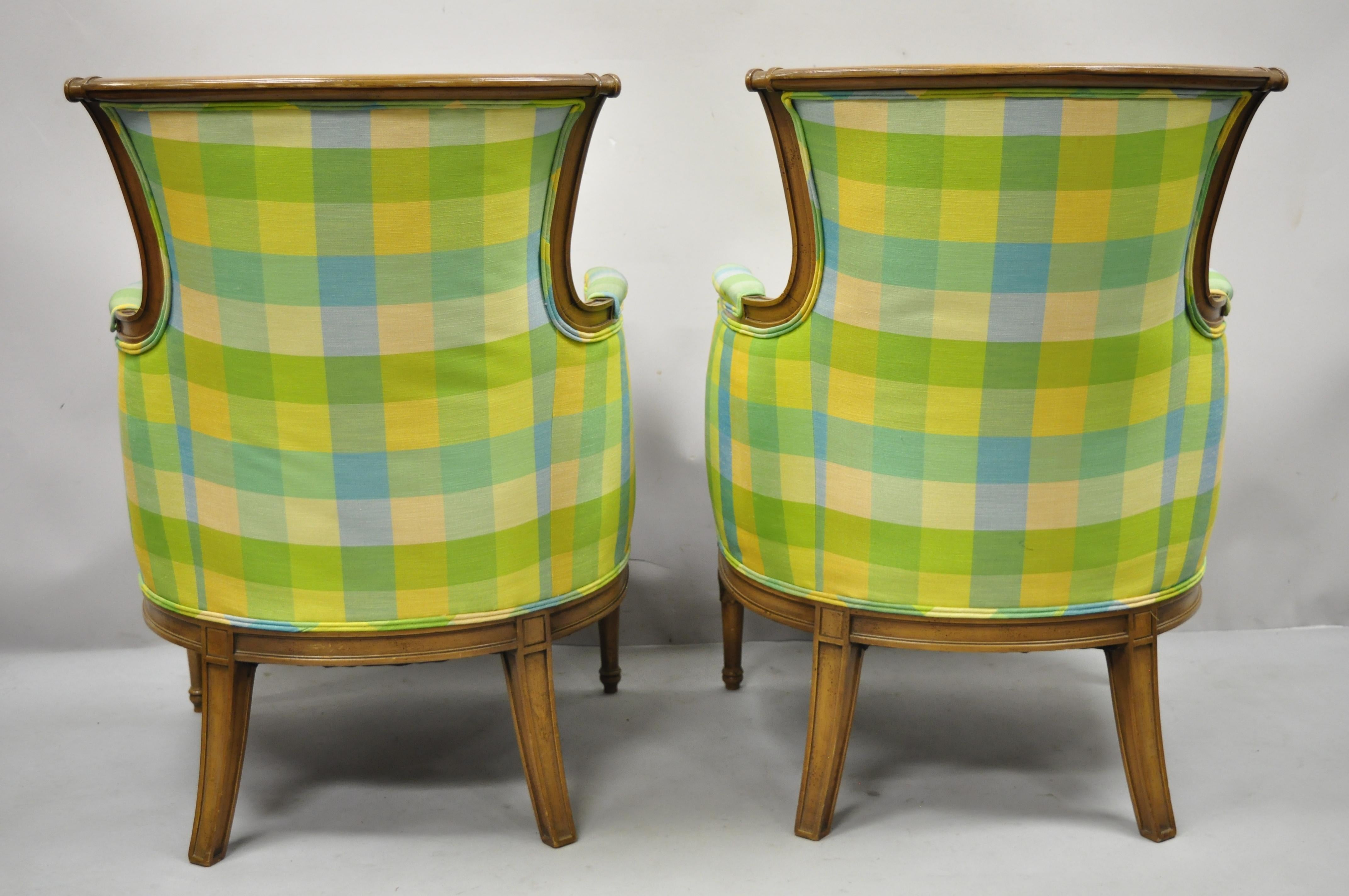 Fabric French Louis XVI Empire Directoire Green Plaid Bergère Lounge Arm Chair, a Pair For Sale