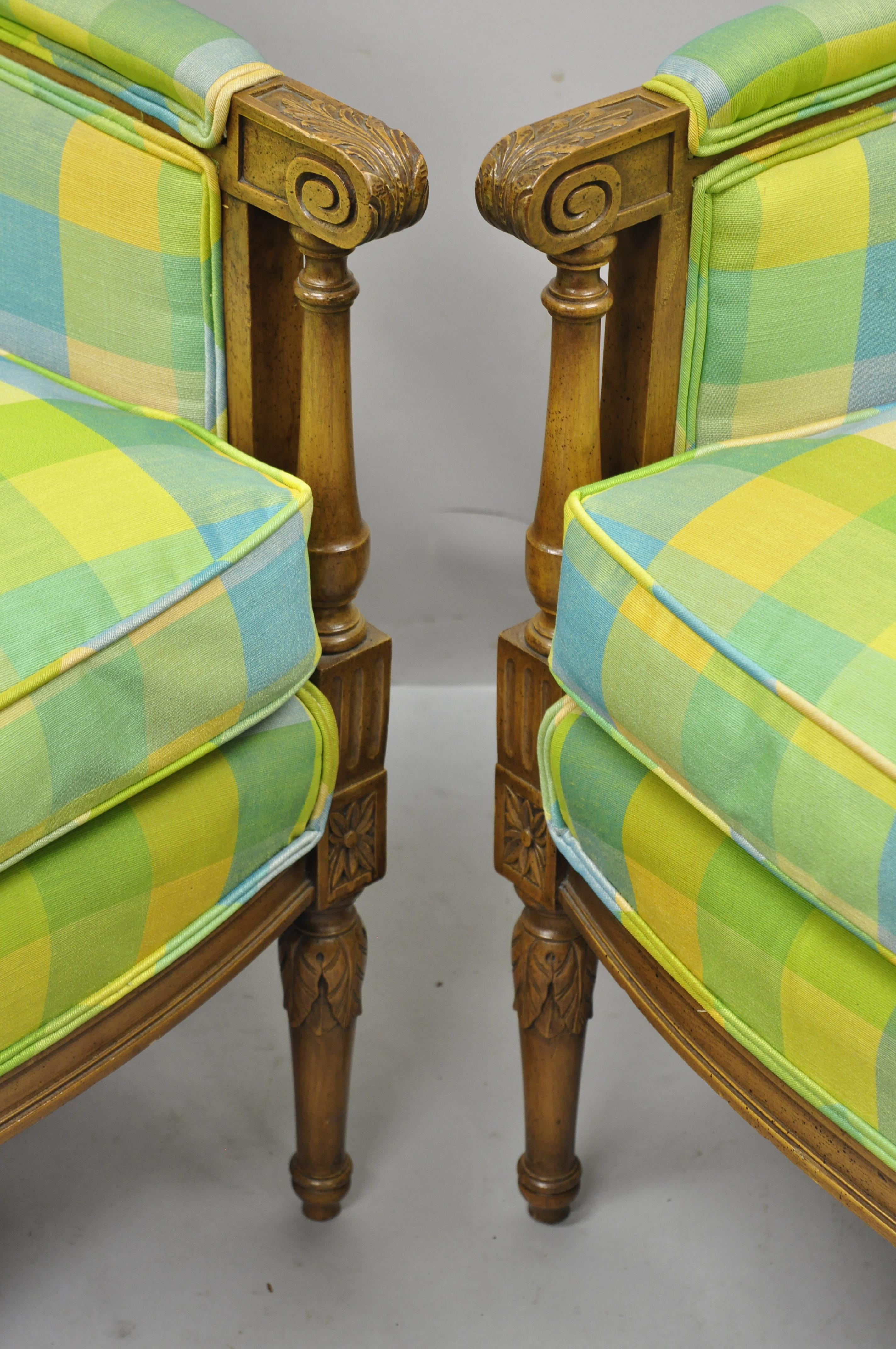 French Louis XVI Empire Directoire Green Plaid Bergère Lounge Arm Chair, a Pair For Sale 1