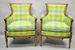 French Louis XVI Empire Directoire Green Plaid Bergère Lounge Arm Chair, a Pair