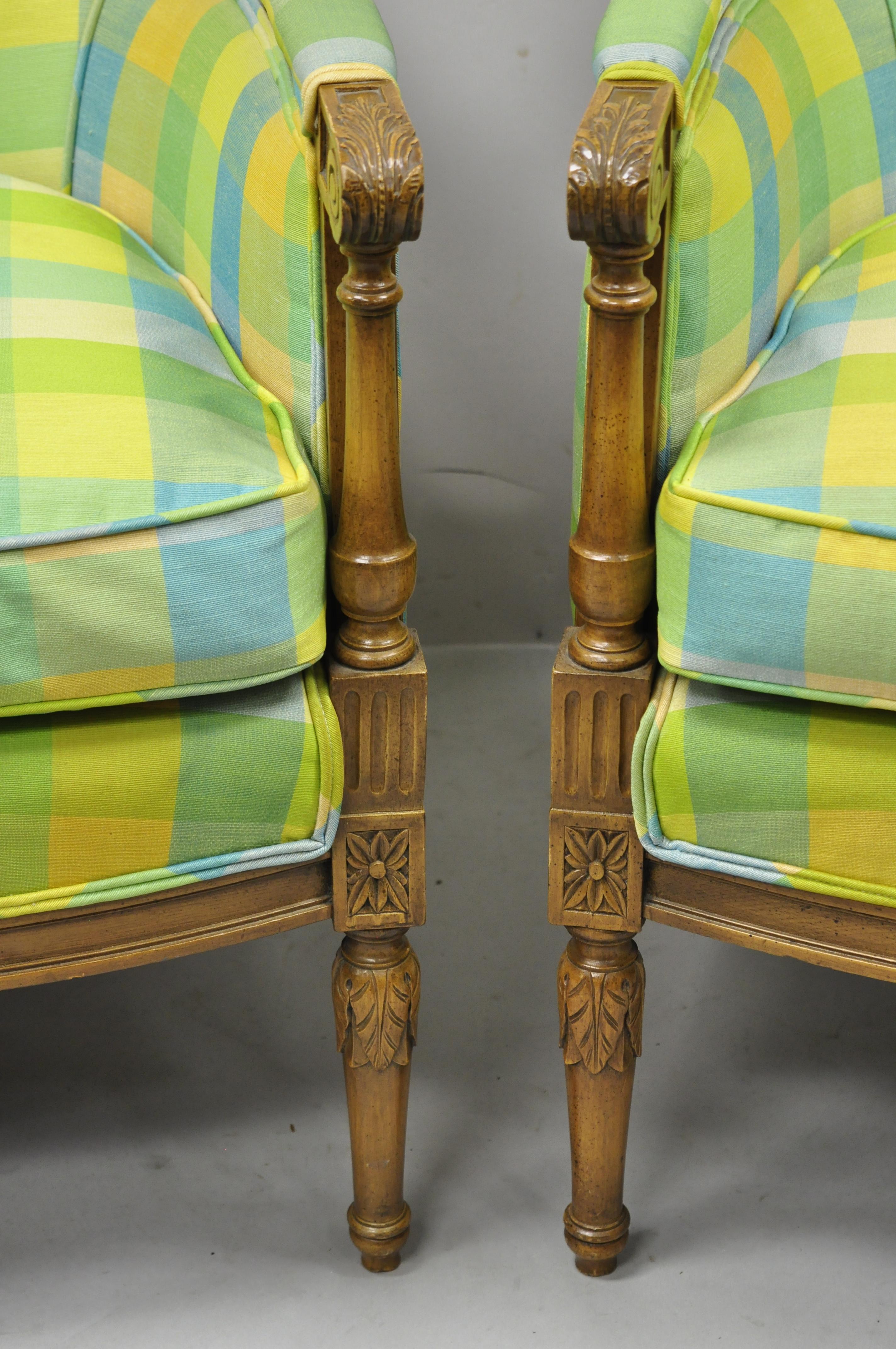 Country French Louis XVI Empire Directoire Green Plaid Bergère Lounge Arm Chair, a Pair For Sale