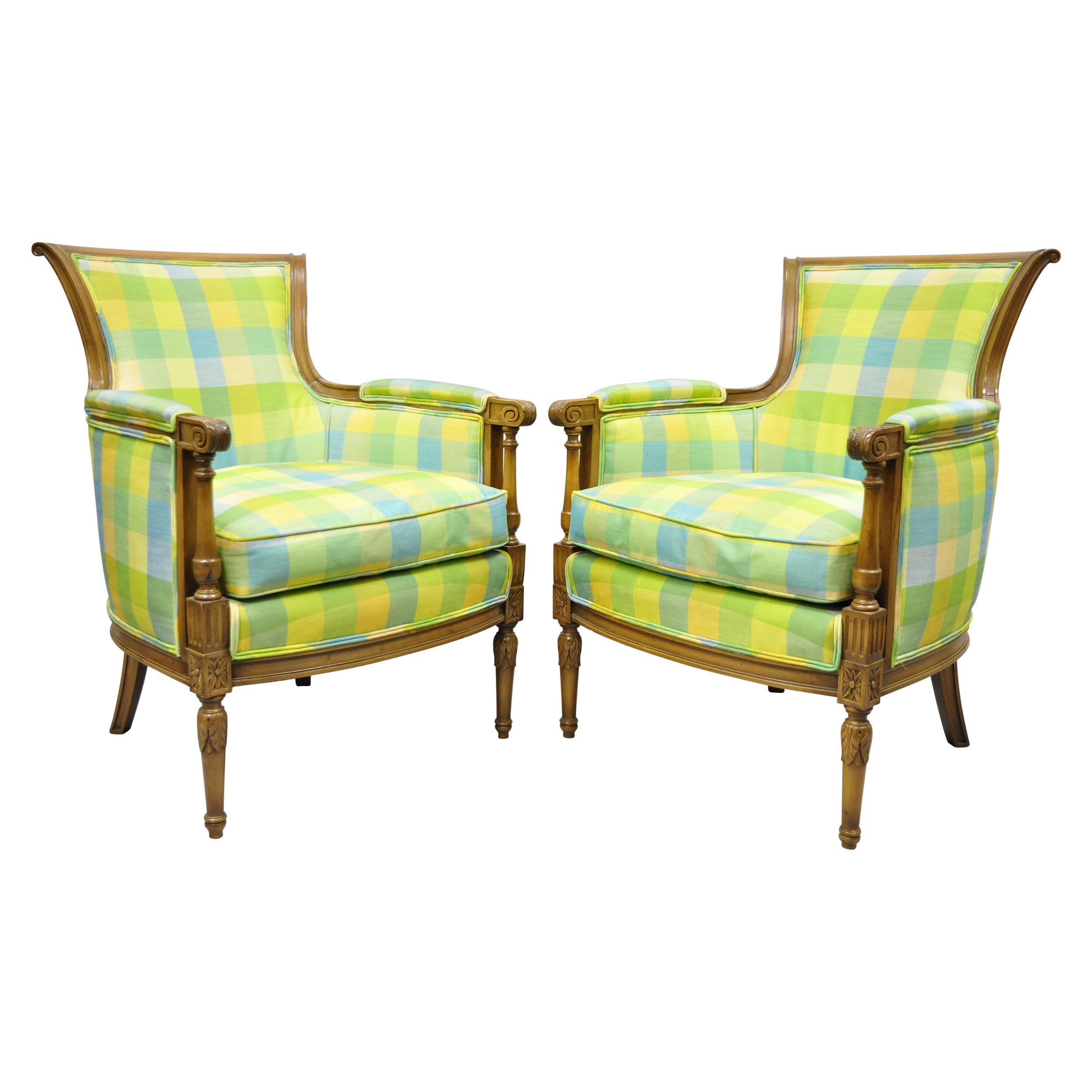 French Louis XVI Empire Directoire Green Plaid Bergère Lounge Arm Chair, a Pair For Sale