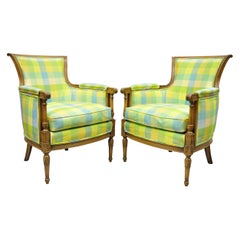 Retro French Louis XVI Empire Directoire Green Plaid Bergère Lounge Arm Chair, a Pair