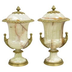 French Louis XVI Empire Style Onyx and Bronze Ormolu Large Lidded Urn - a Pair