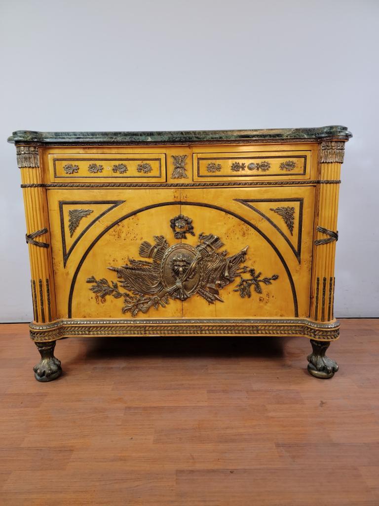 French Louis XVI figural bronze ormolu chest commode styled after Benneman.

This is an impressive and exquisite large French Louis XVI style, beautifully detailed figural bronze ormolu mounted 2 drawer and 2 door commode. The gorgeous, thick,
