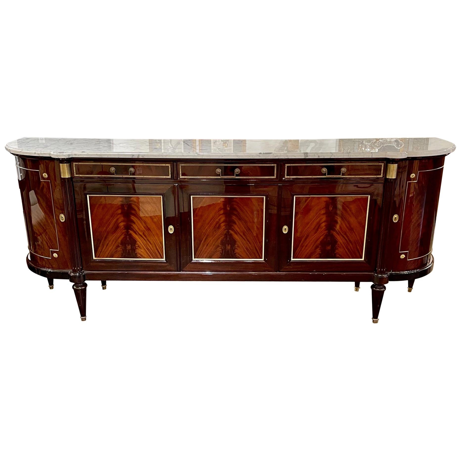 French Louis XVI Flame Mahogany Sideboard with Brass Mounts and Carrara Marble