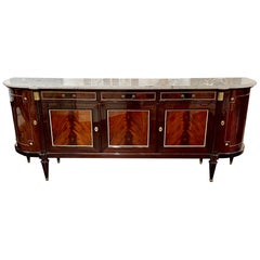 French Louis XVI Flame Mahogany Sideboard with Brass Mounts and Carrara Marble