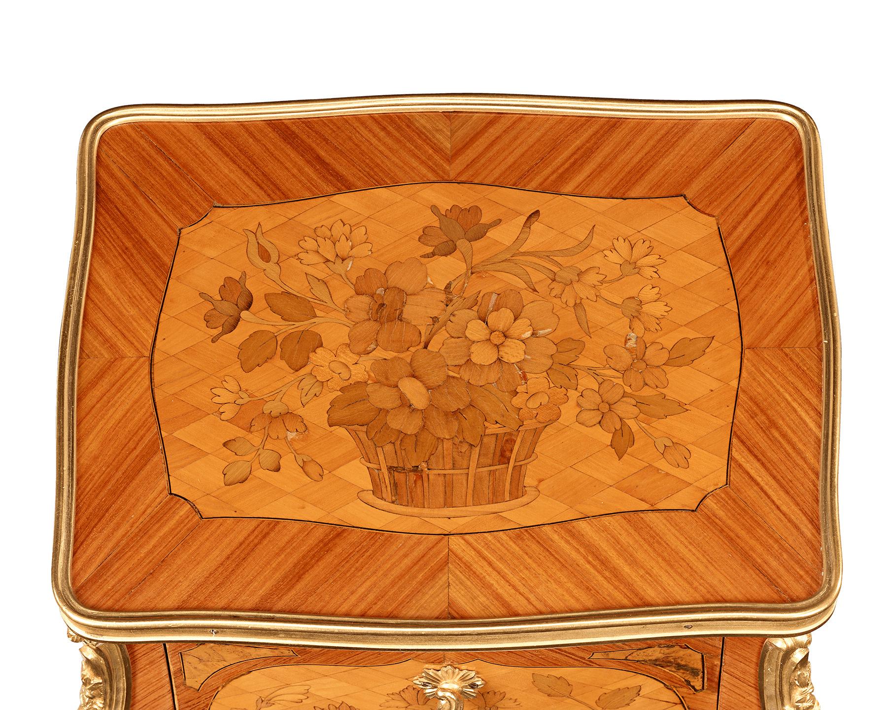 Bronze French Louis XVI Floral Marquetry Side Table