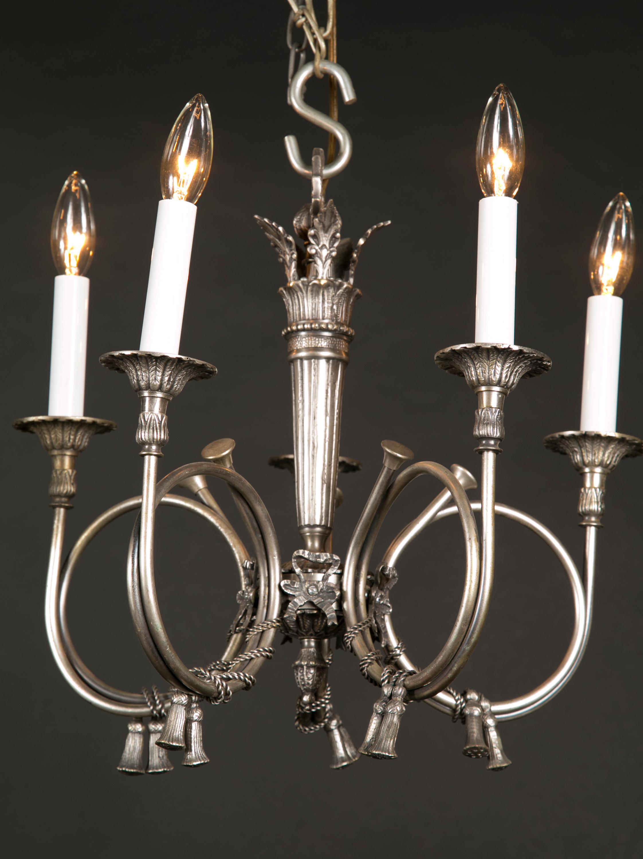 French Louis XVI French Horn Chandeliers with Silvered Brass, Pair Available For Sale 1