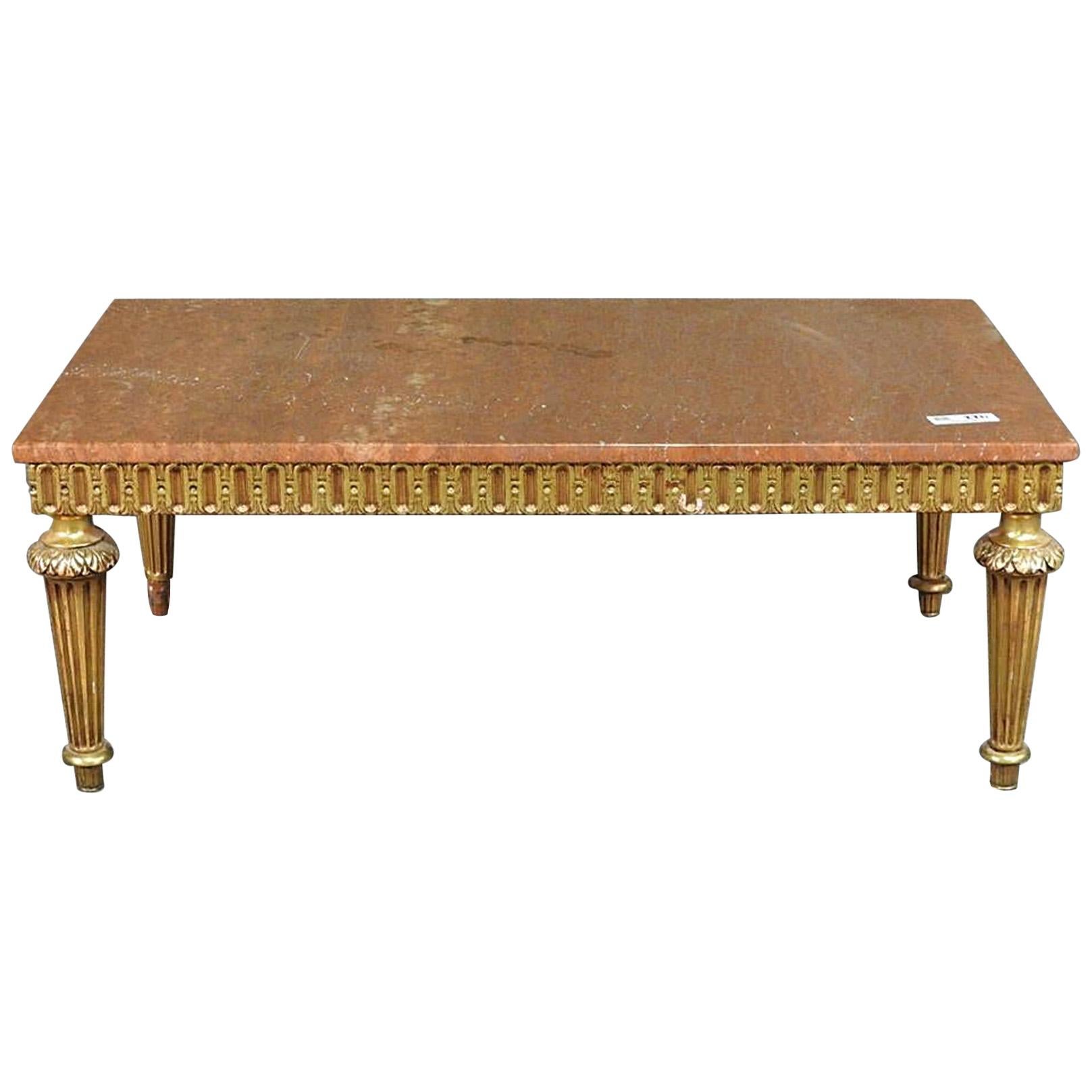 French Louis XVI Gilded Rectangular Rouge Marble Coffee Table, circa 1930