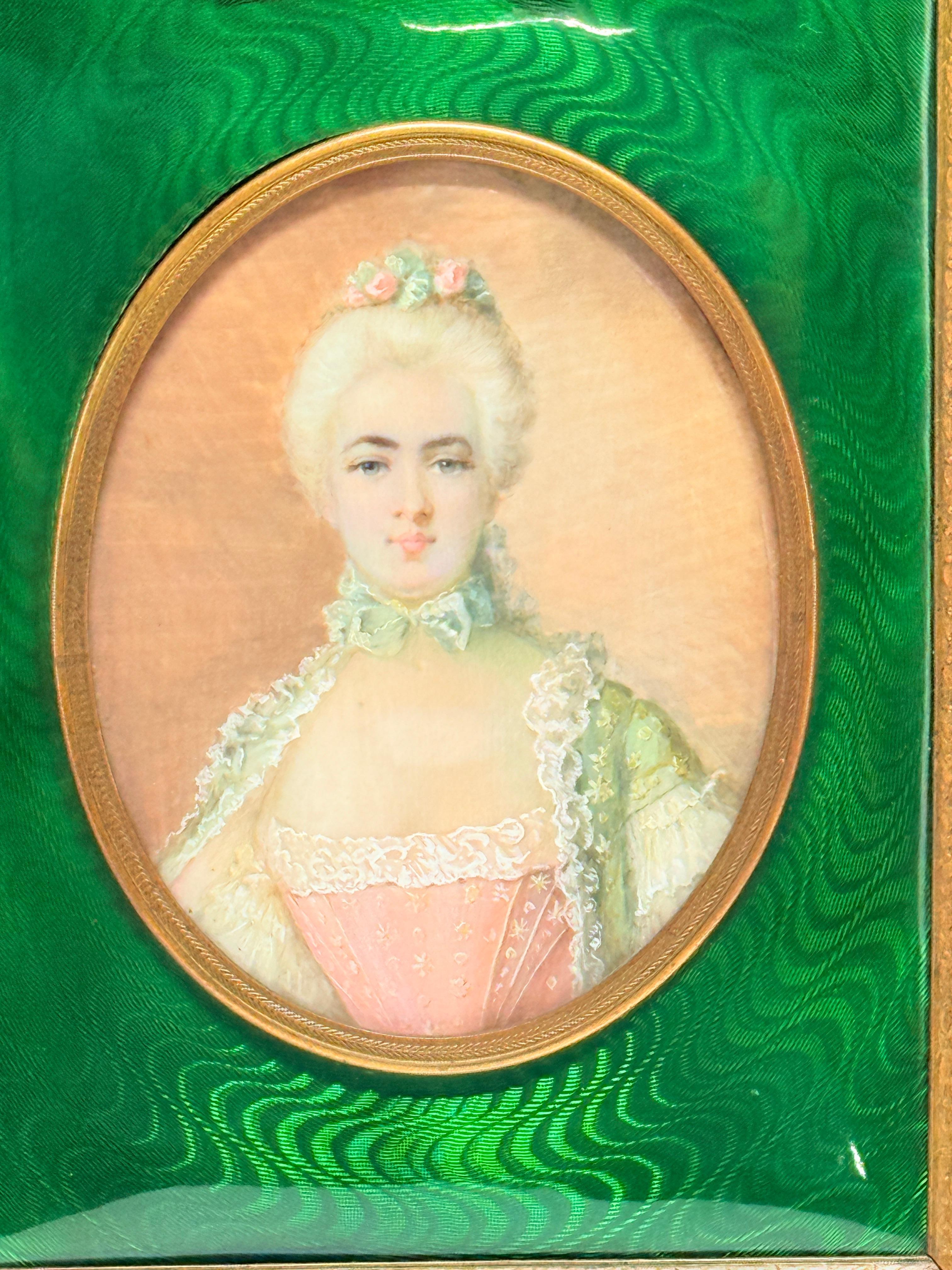 French Louis XVI Gilt Bronze Ormolu & Green Guilloche Enamel Picture Frame In Good Condition For Sale In Atlanta, GA