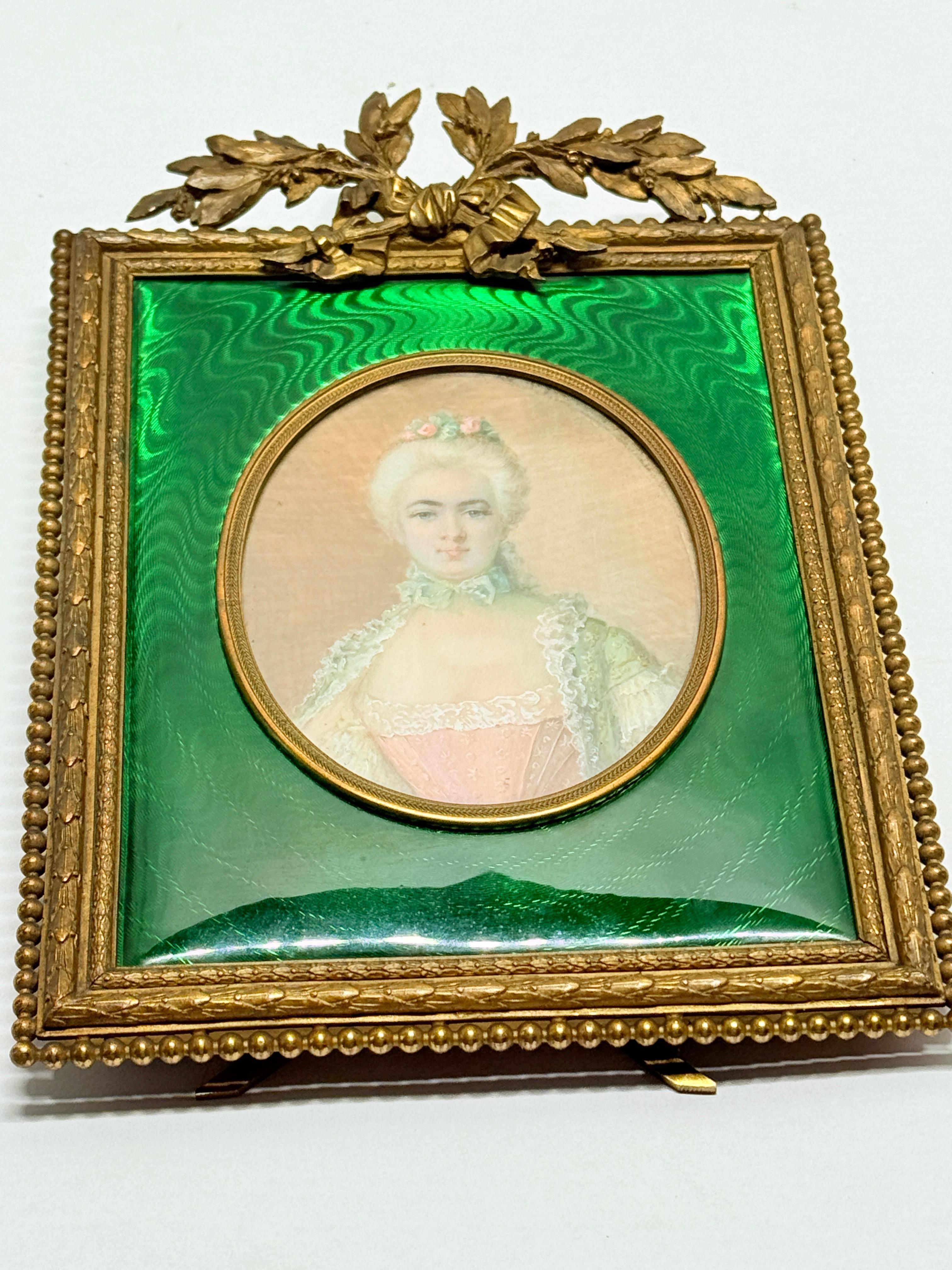 19th Century French Louis XVI Gilt Bronze Ormolu & Green Guilloche Enamel Picture Frame For Sale