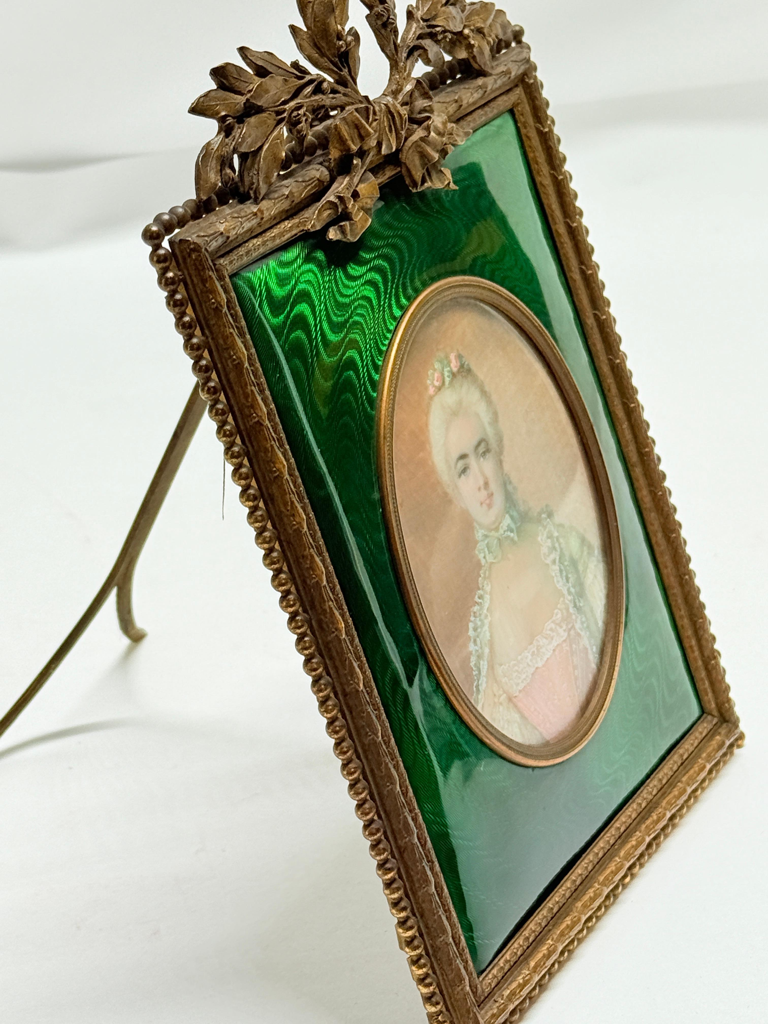 French Louis XVI Gilt Bronze Ormolu & Green Guilloche Enamel Picture Frame For Sale 1