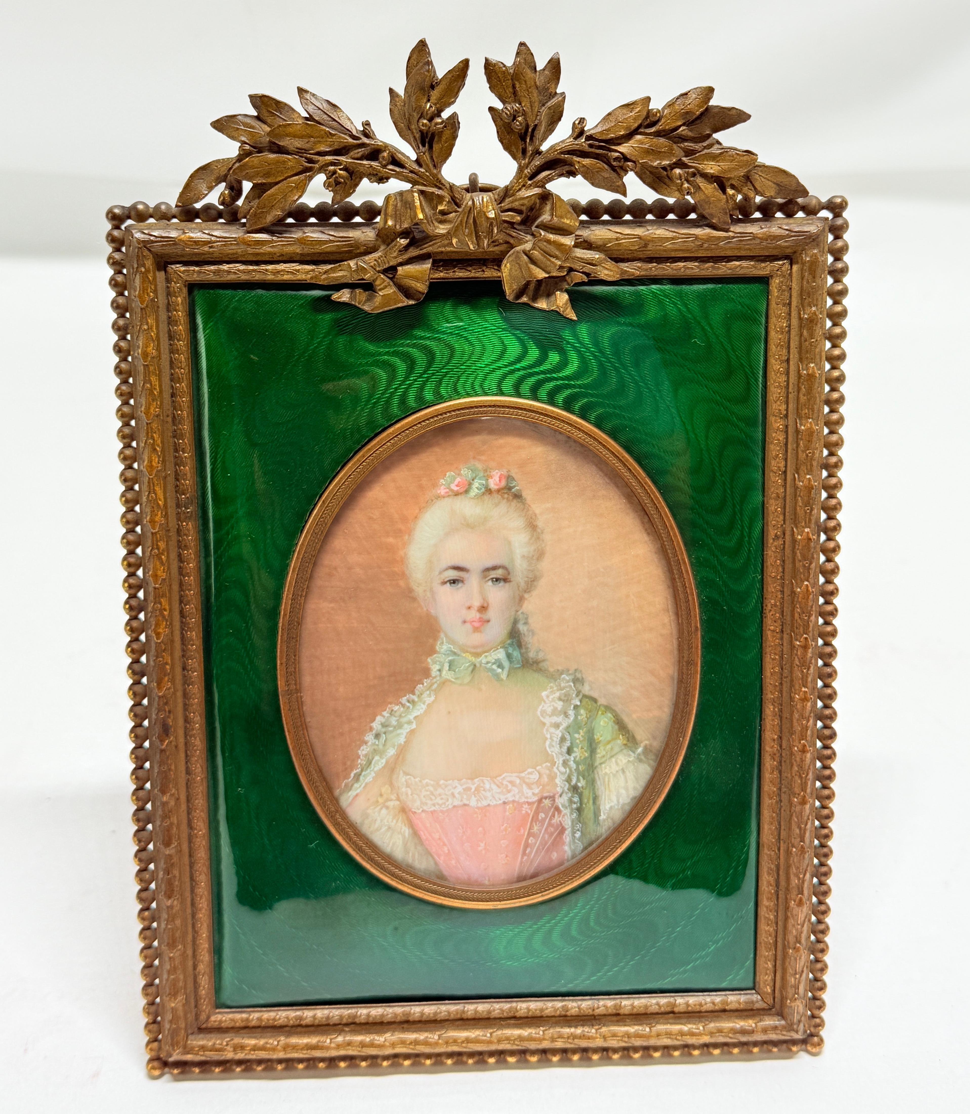 French Louis XVI Gilt Bronze Ormolu & Green Guilloche Enamel Picture Frame For Sale 3