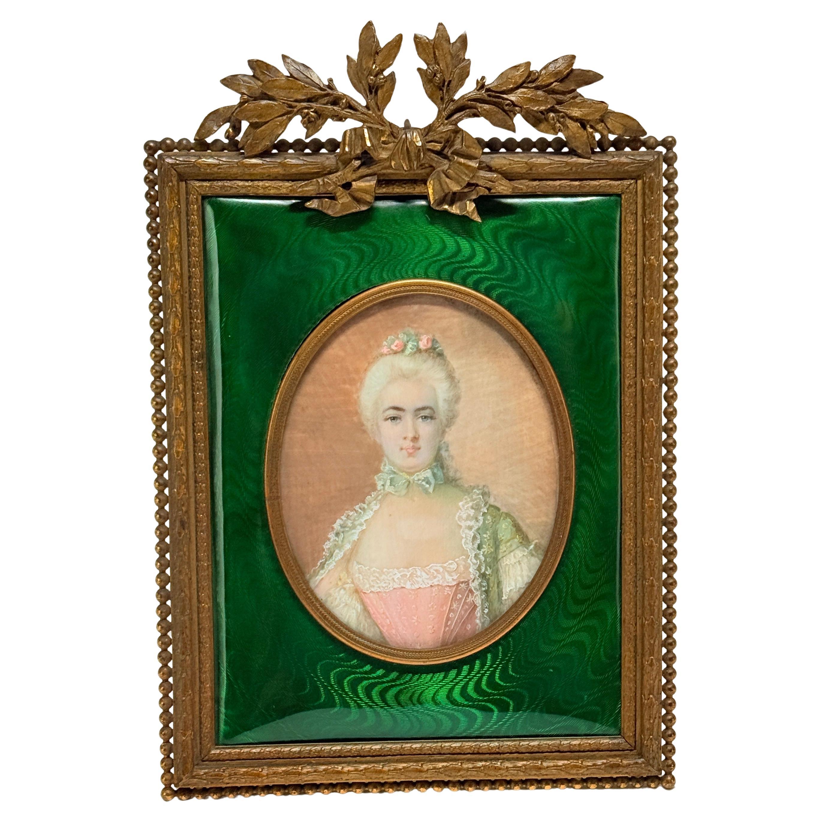 French Louis XVI Gilt Bronze Ormolu & Green Guilloche Enamel Picture Frame For Sale