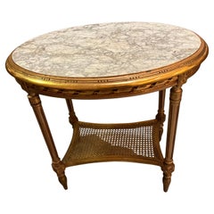 French louis XVI gilt wood center table with white/gray marble top