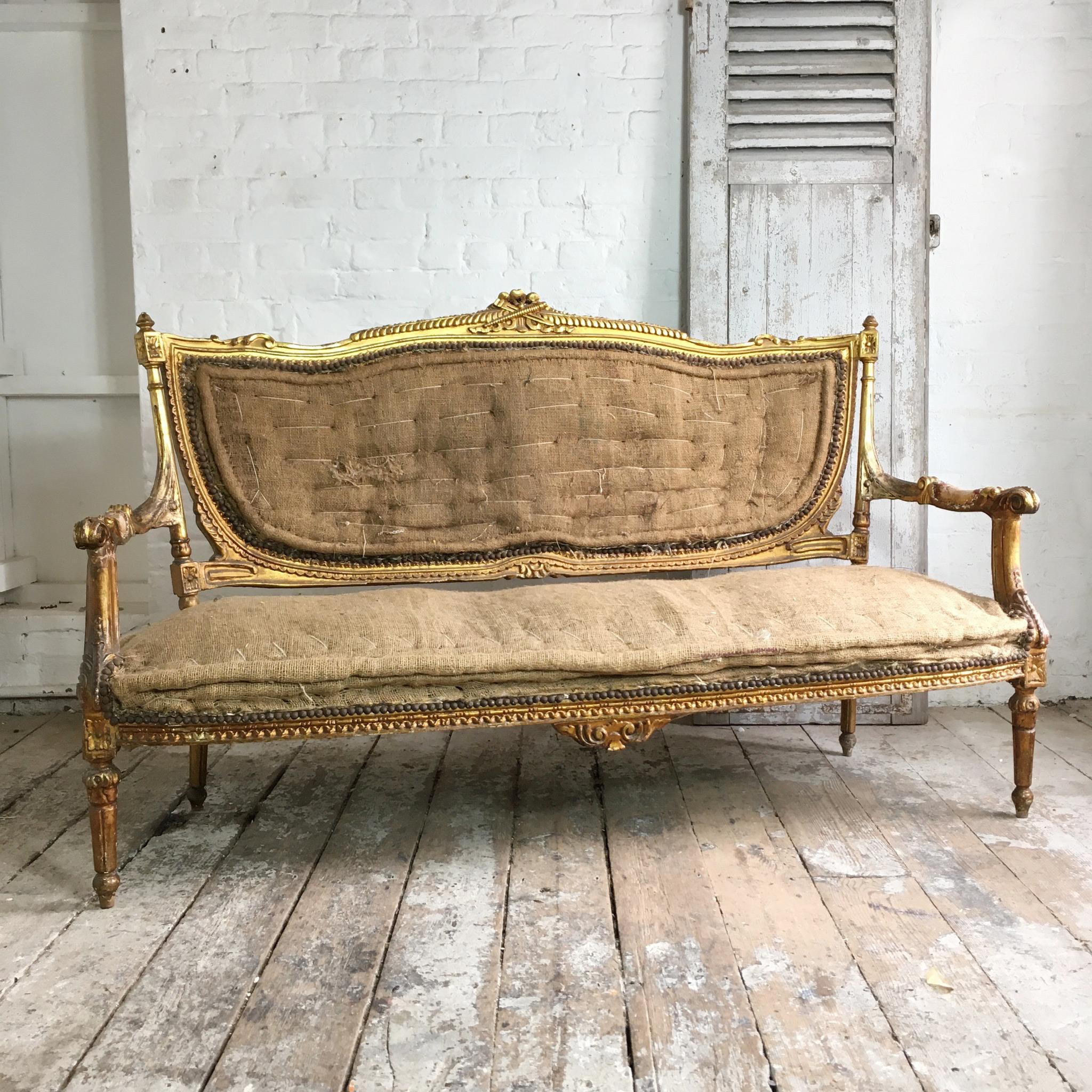 Hand-Carved French Louis XVI Giltwood Gold Salon Suite for Re-Upholstery  For Sale