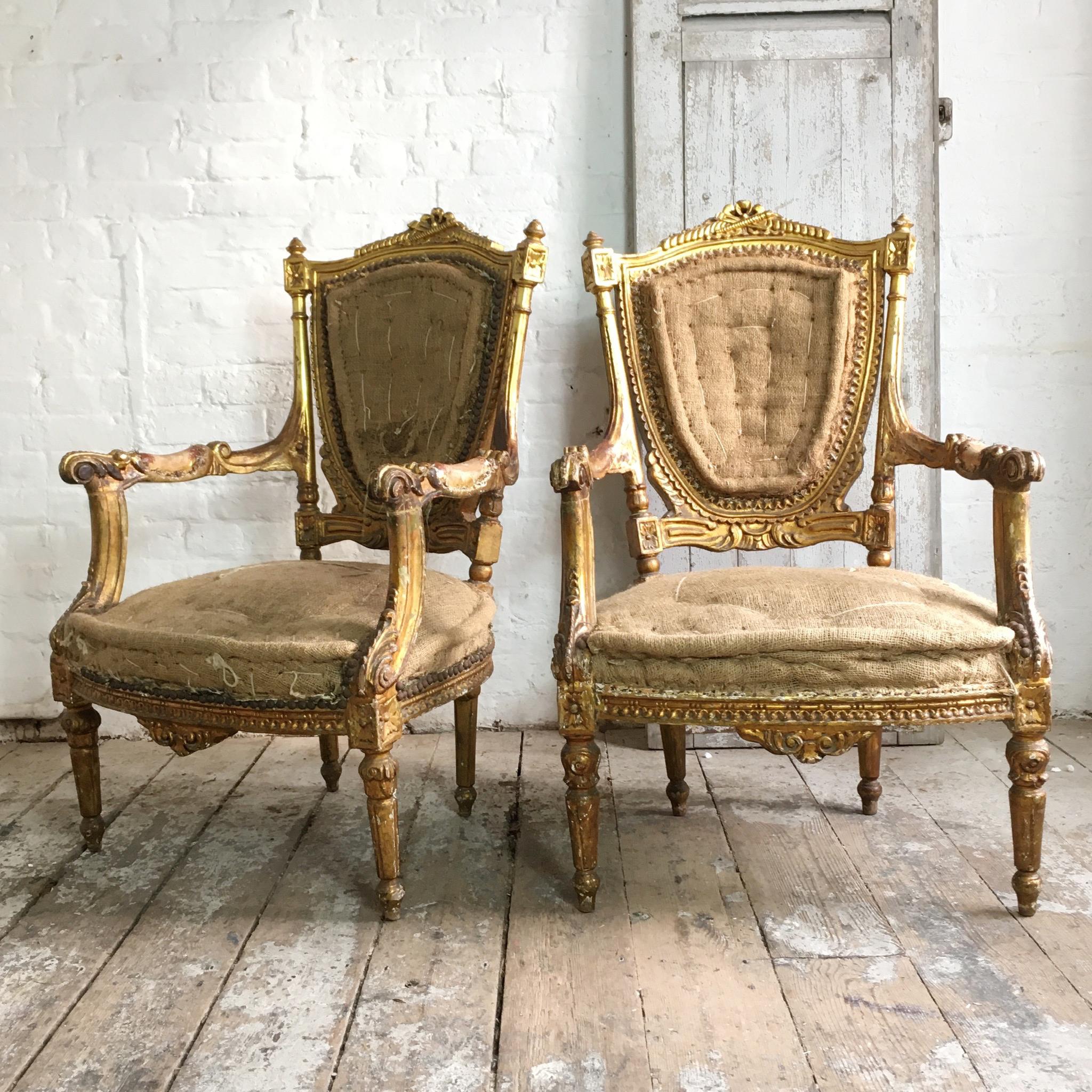 French Louis XVI Giltwood Gold Salon Suite for Re-Upholstery  In Fair Condition For Sale In Hastings, GB