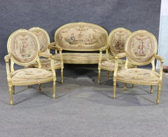 French Louis XVI Giltwood Five Piece Salon Parlor Set with Aubusson C. 1890s