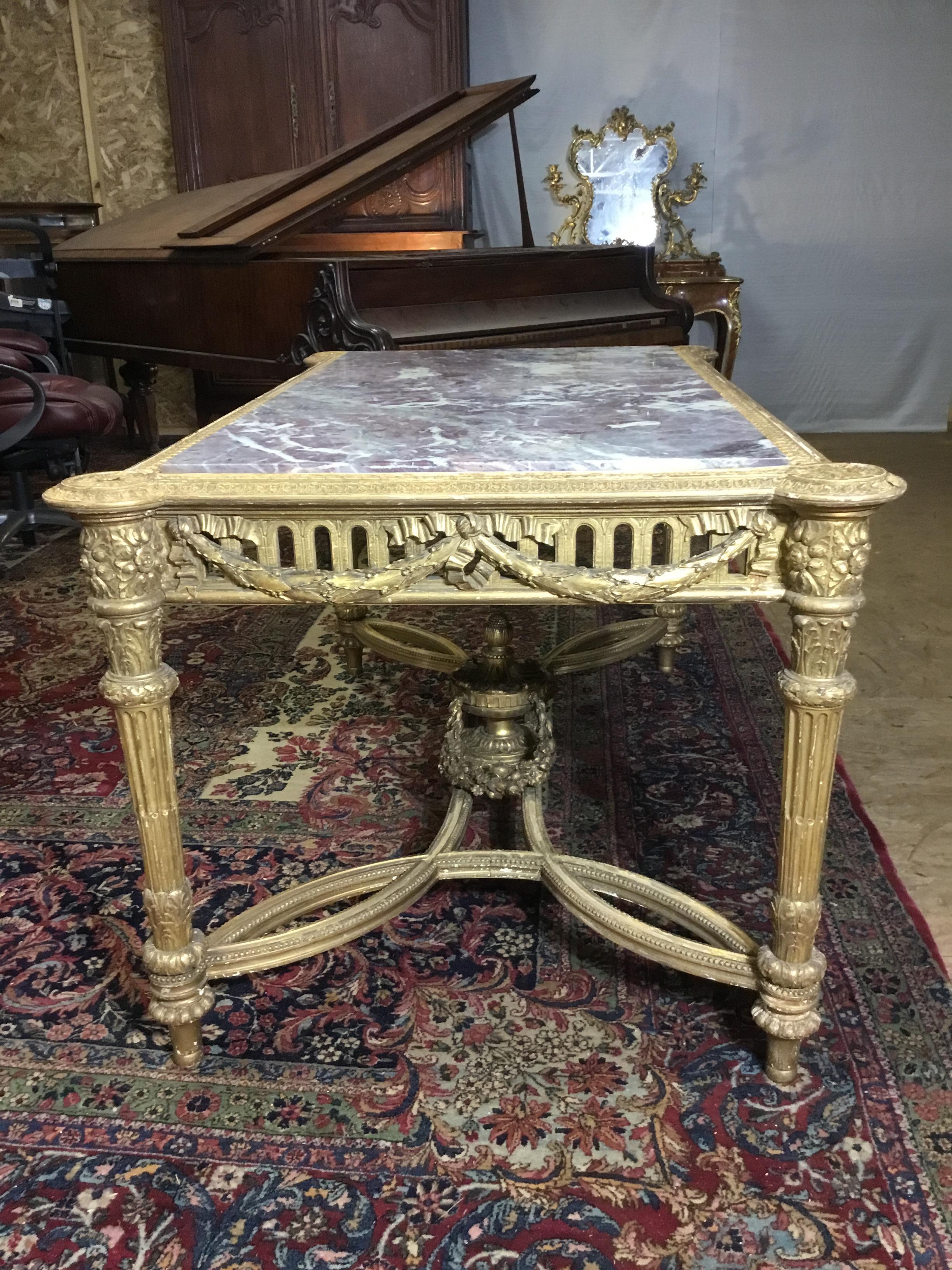 Gilt French Louis XVI Gold Leaf Center Table Breche Marble Top Circa 1890 For Sale