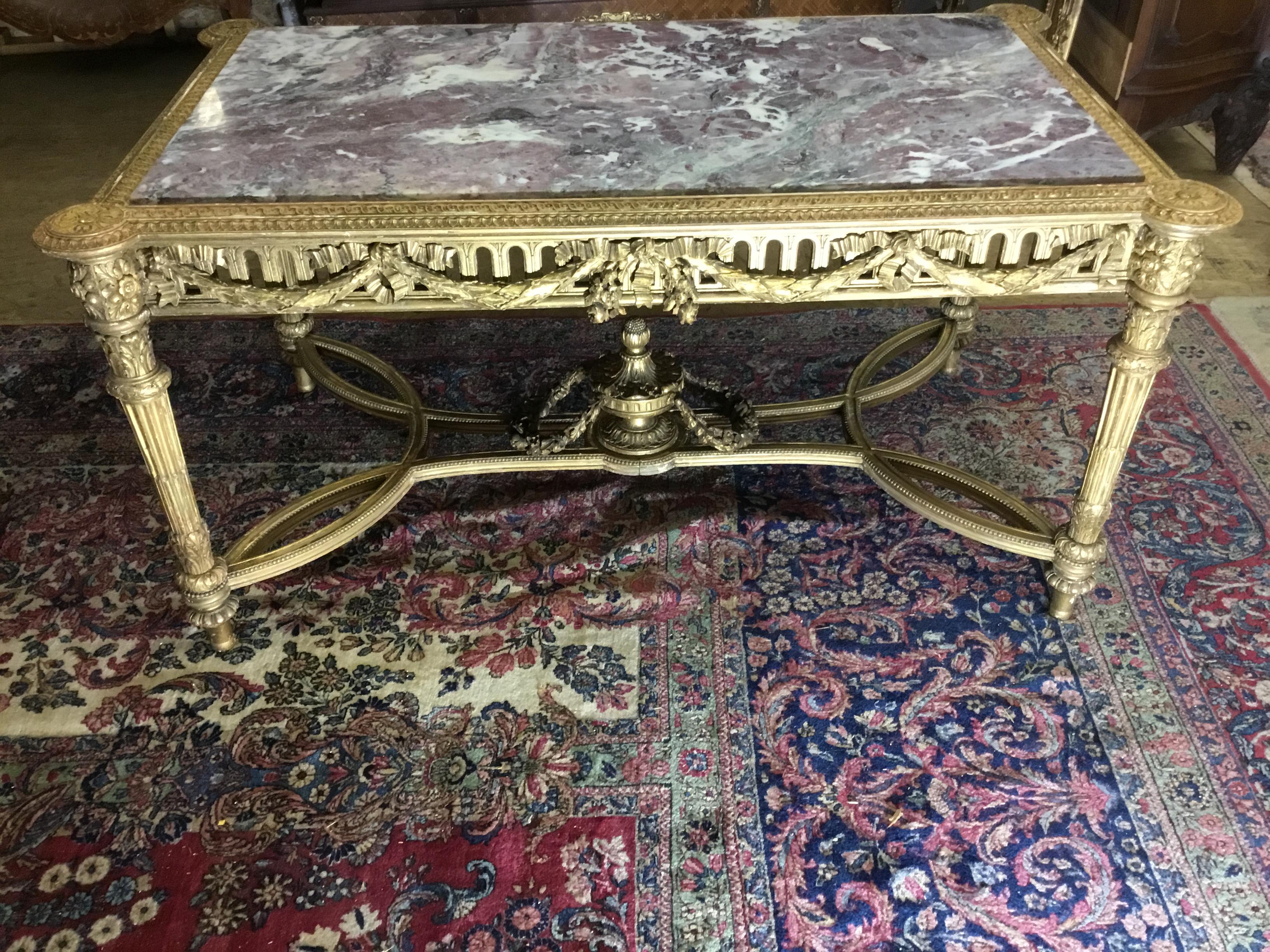 French Louis XVI Gold Leaf Center Table Breche Marble Top Circa 1890 In Good Condition For Sale In Clinton Twp, MI