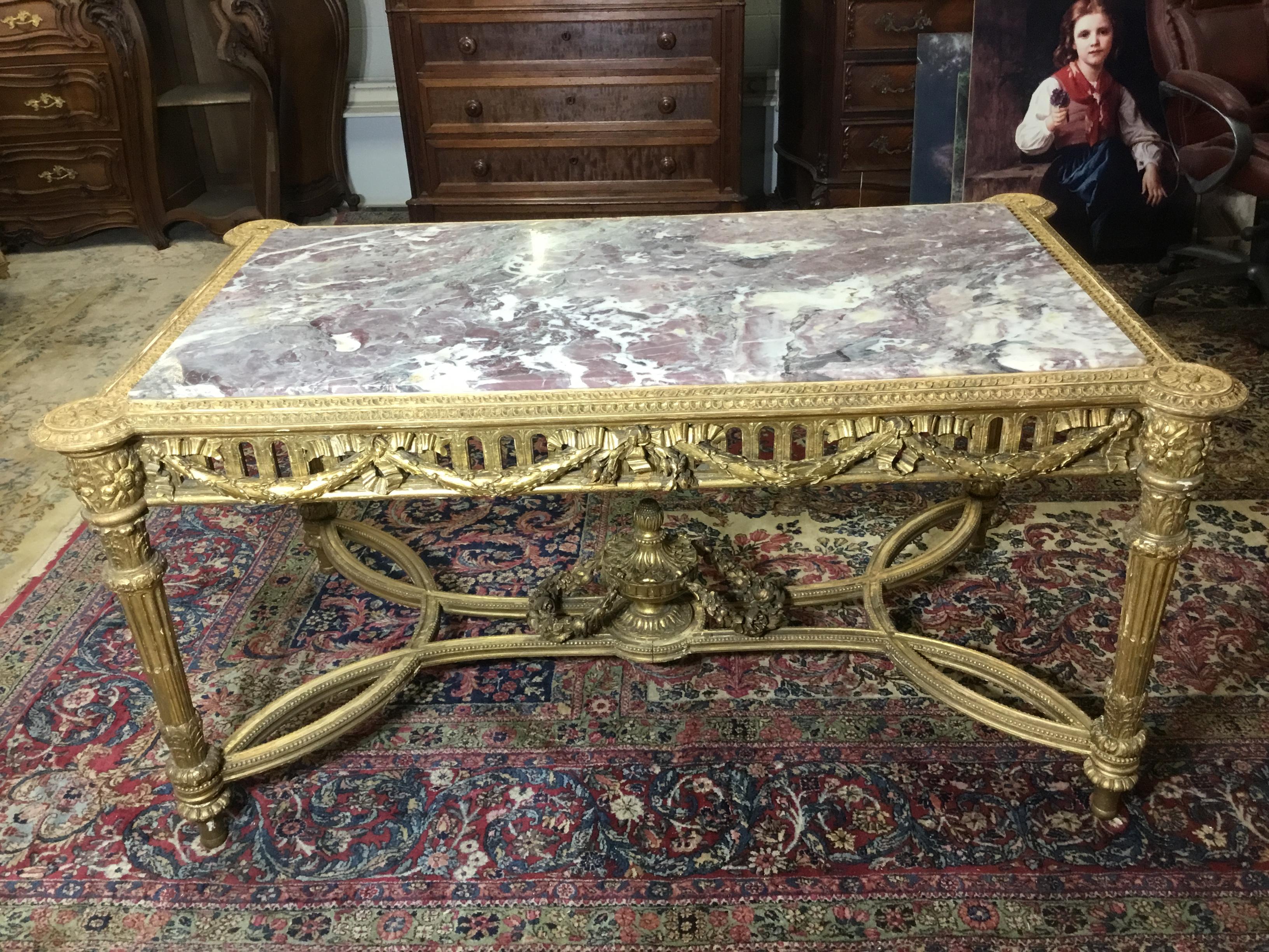 19th Century French Louis XVI Gold Leaf Center Table Breche Marble Top Circa 1890 For Sale