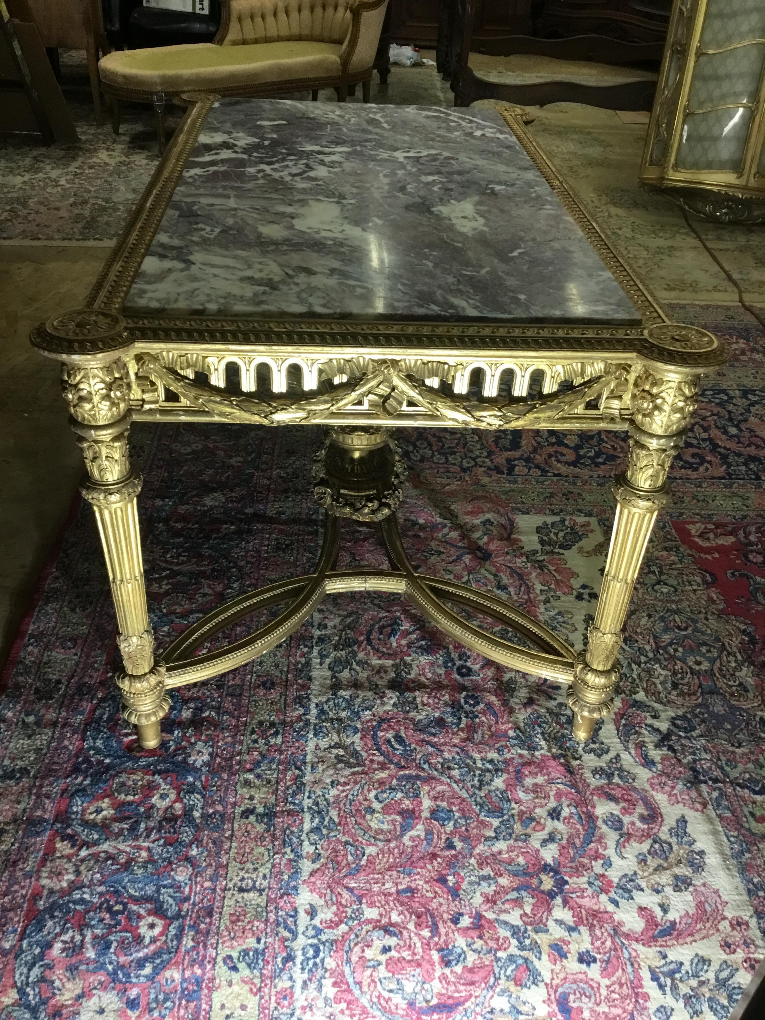 French Louis XVI Gold Leaf Center Table Breche Marble Top Circa 1890 For Sale 1