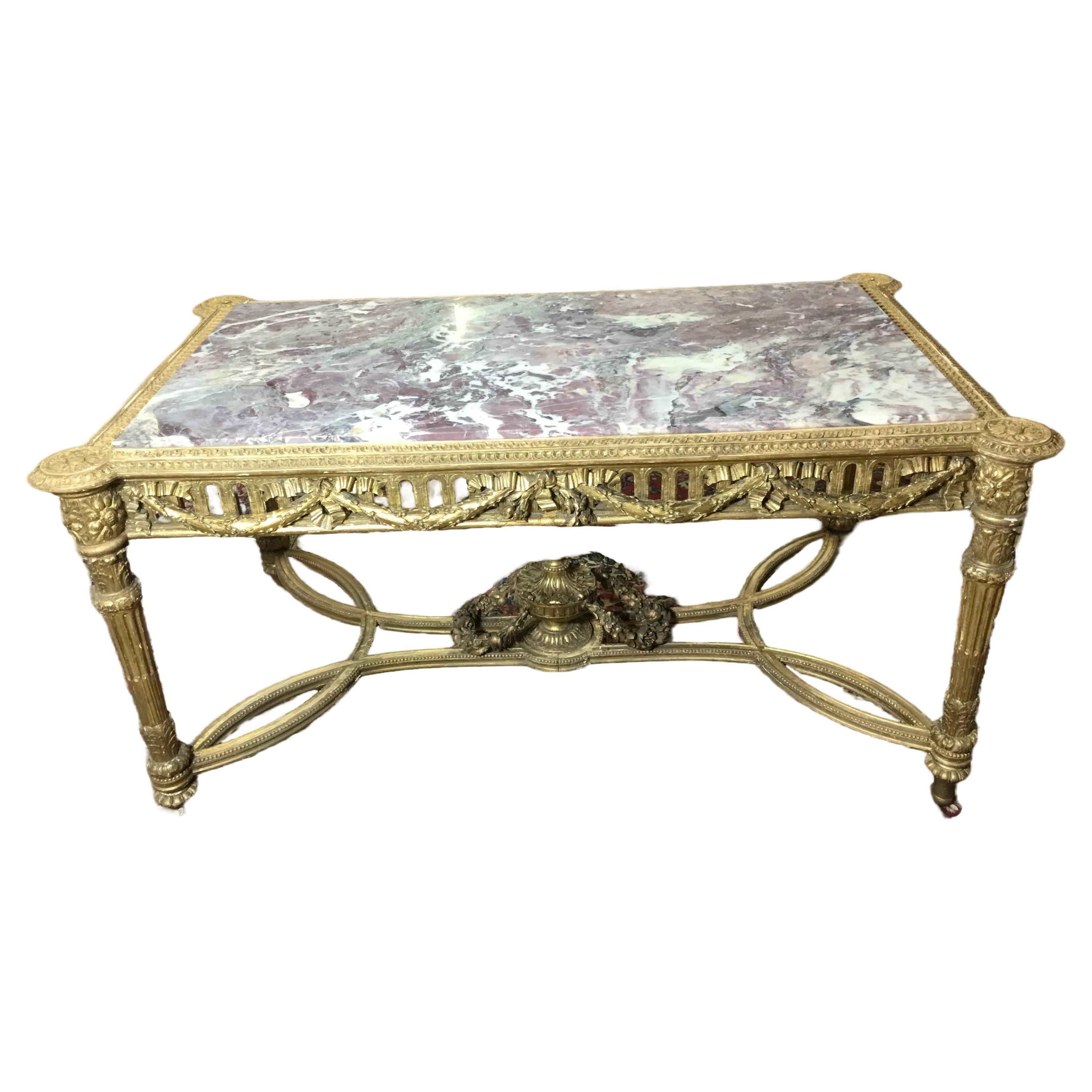 French Louis XVI Gold Leaf Center Table Breche Marble Top Circa 1890 For Sale