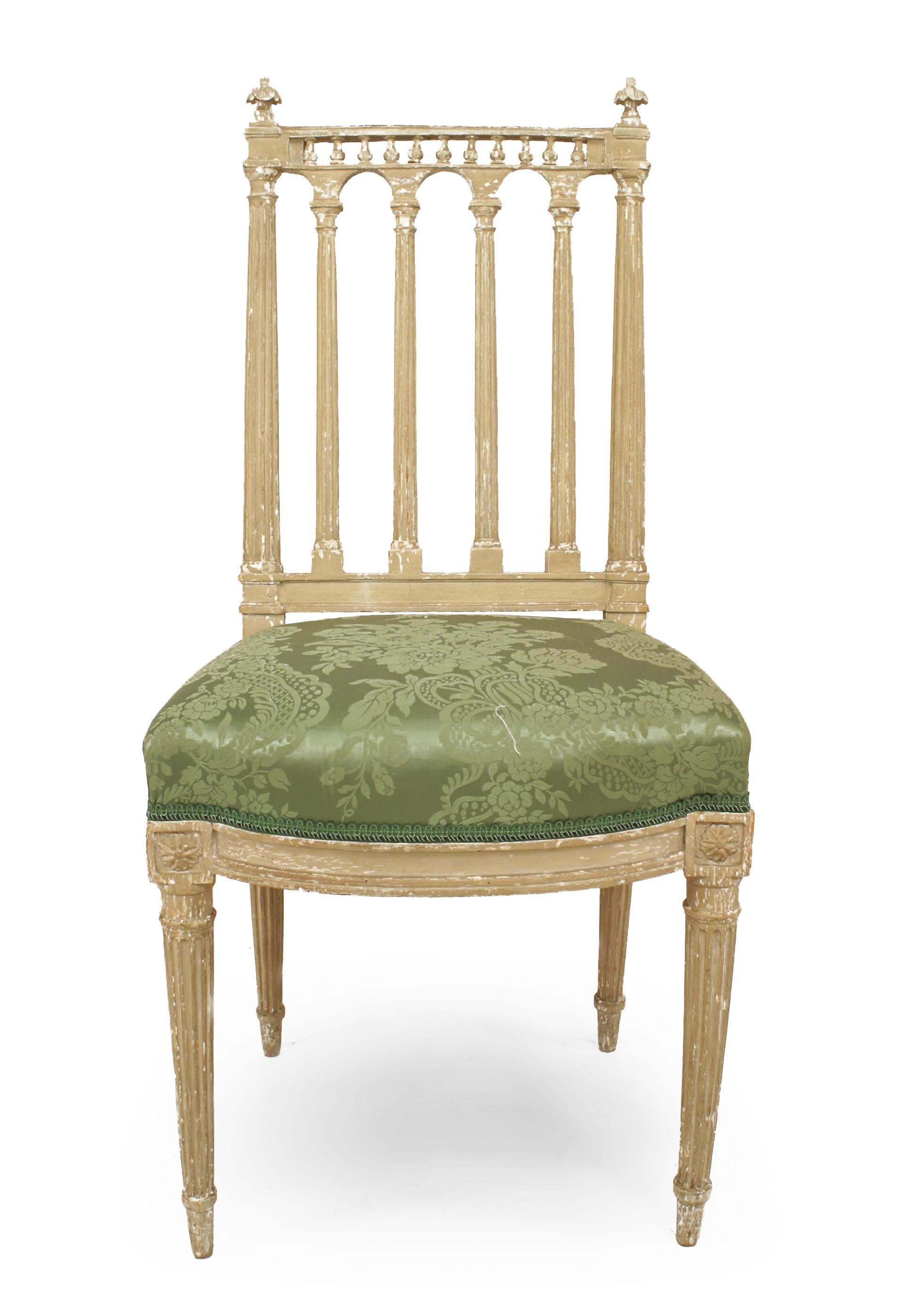 Painted French Louis XVI Green Damask Side Chairs For Sale
