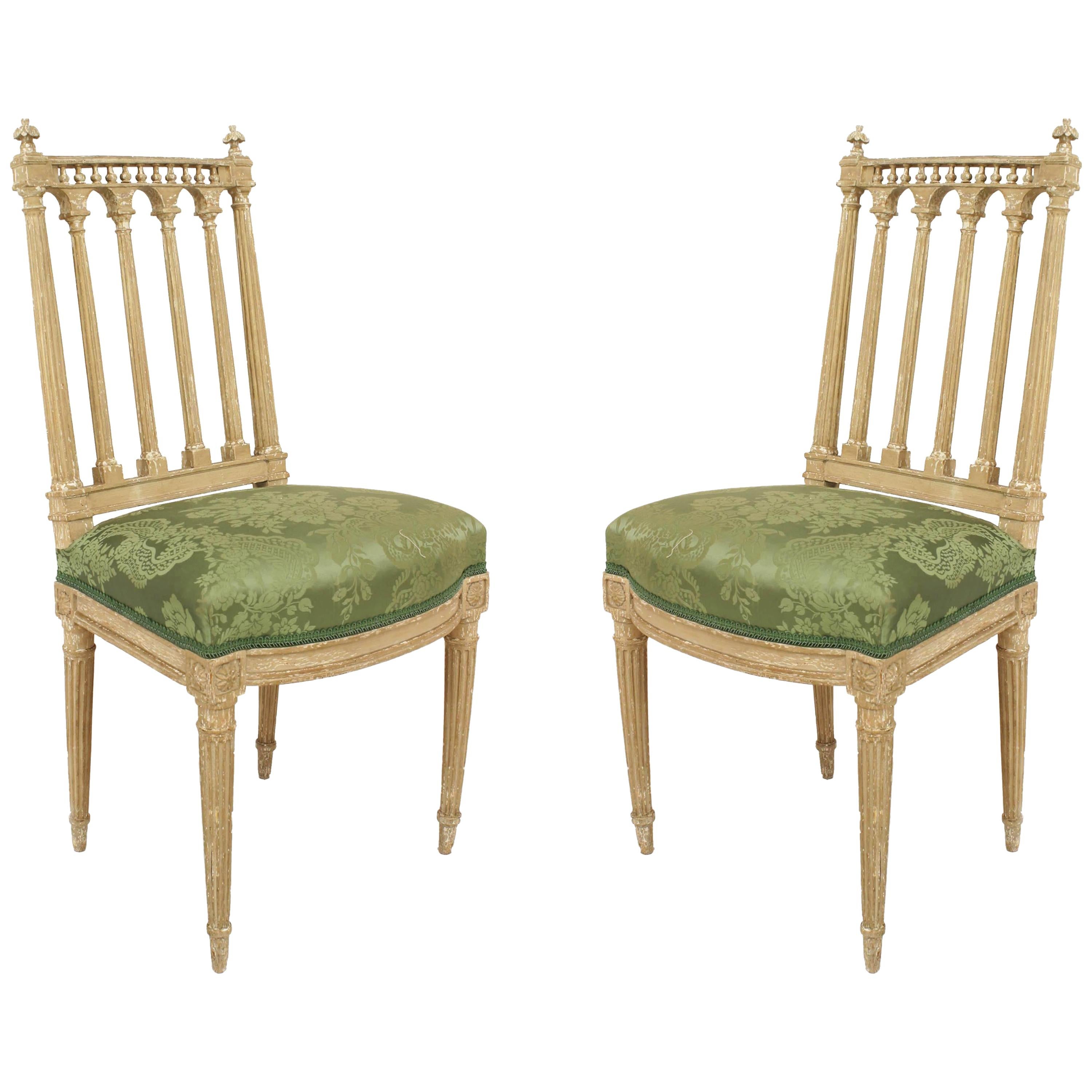 French Louis XVI Green Damask Side Chairs