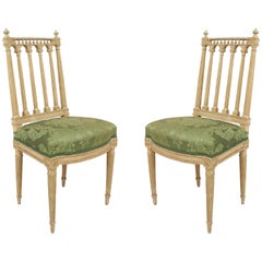 Antique French Louis XVI Green Damask Side Chairs