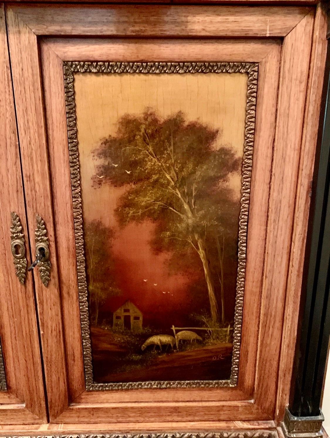 French Louis XVI Hand Painted Marble-Top Cabinet with Bronze & Paintings Art Bar In Good Condition In West Hartford, CT