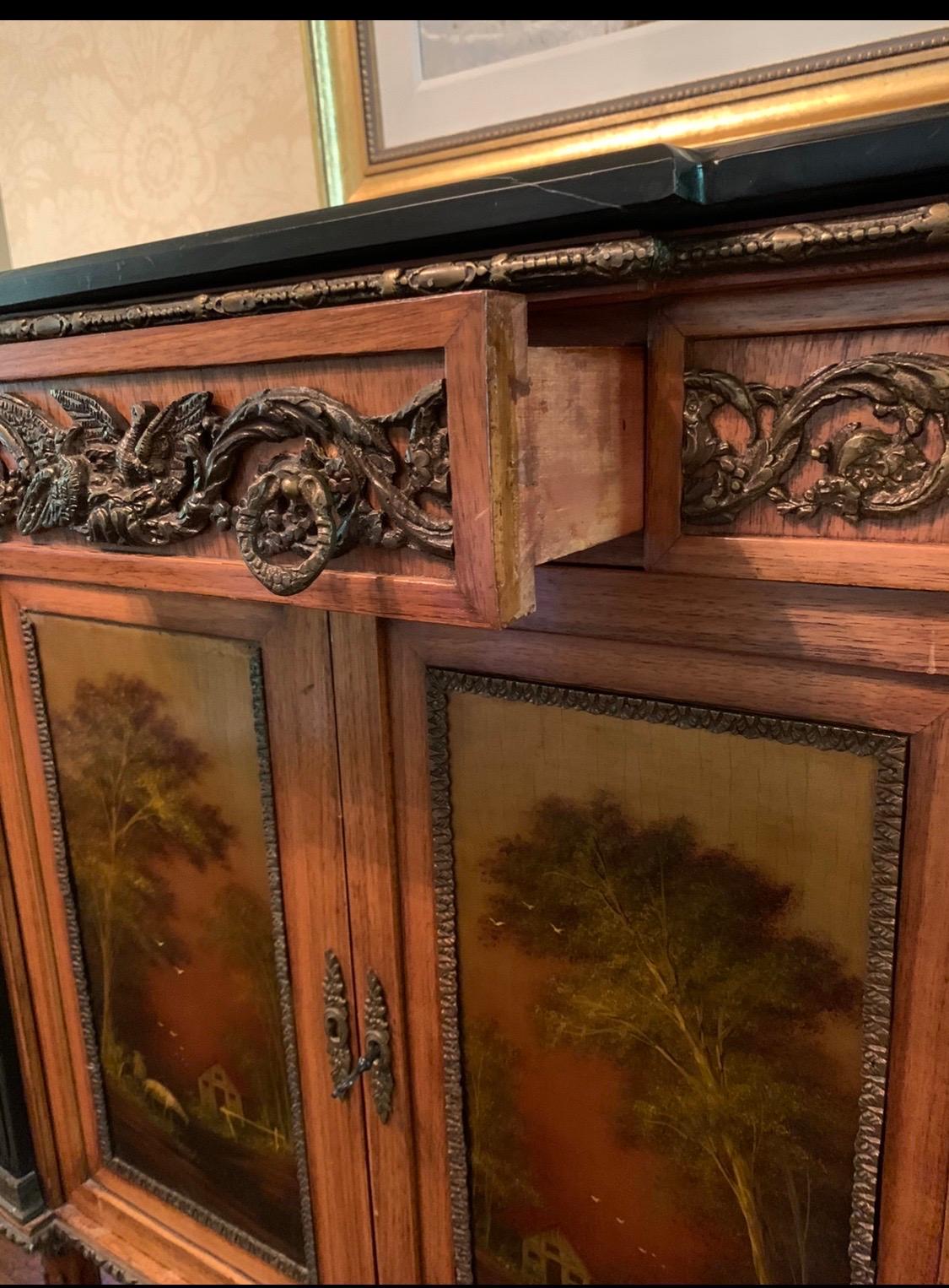 Early 20th Century French Louis XVI Hand Painted Marble-Top Cabinet with Bronze & Paintings Art Bar