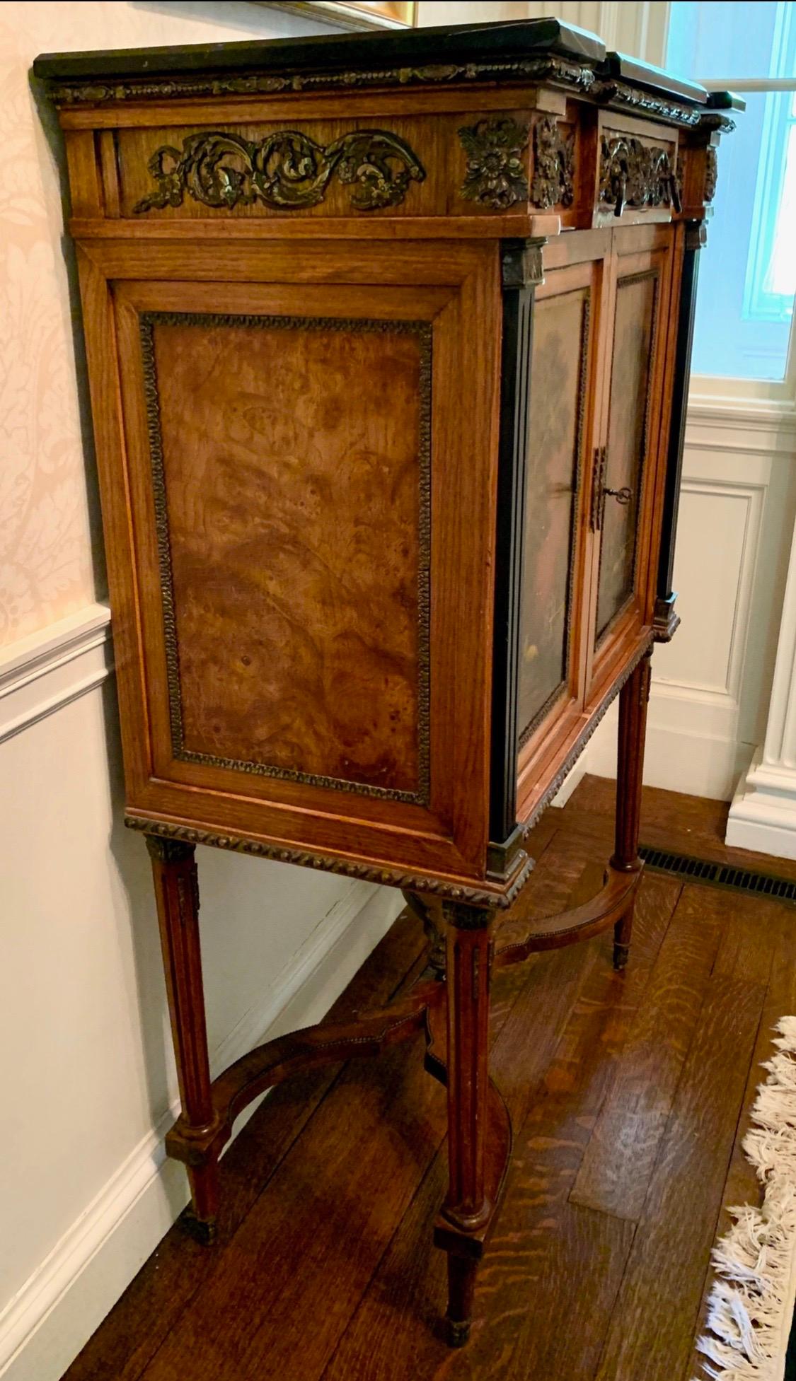 Mahogany French Louis XVI Hand Painted Marble-Top Cabinet with Bronze & Paintings Art Bar