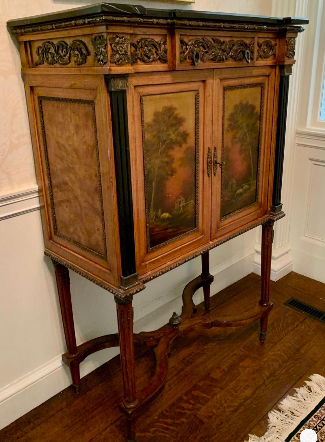 French Louis XVI Hand Painted Marble-Top Cabinet with Bronze & Paintings Art Bar 1