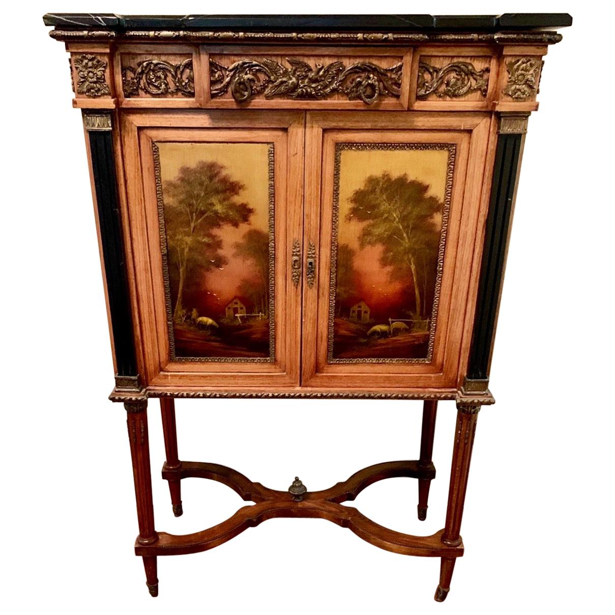 French Louis XVI Hand Painted Marble-Top Cabinet with Bronze & Paintings Art Bar