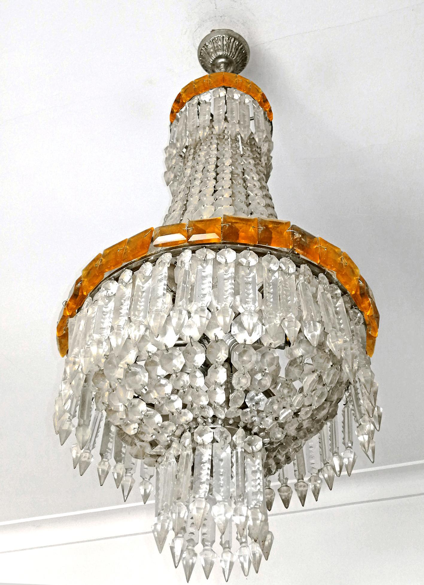 Neoclassical Louis XVI Hollywood Regency Empire Amber Crystal Basket Chandelier, circa 1920 For Sale