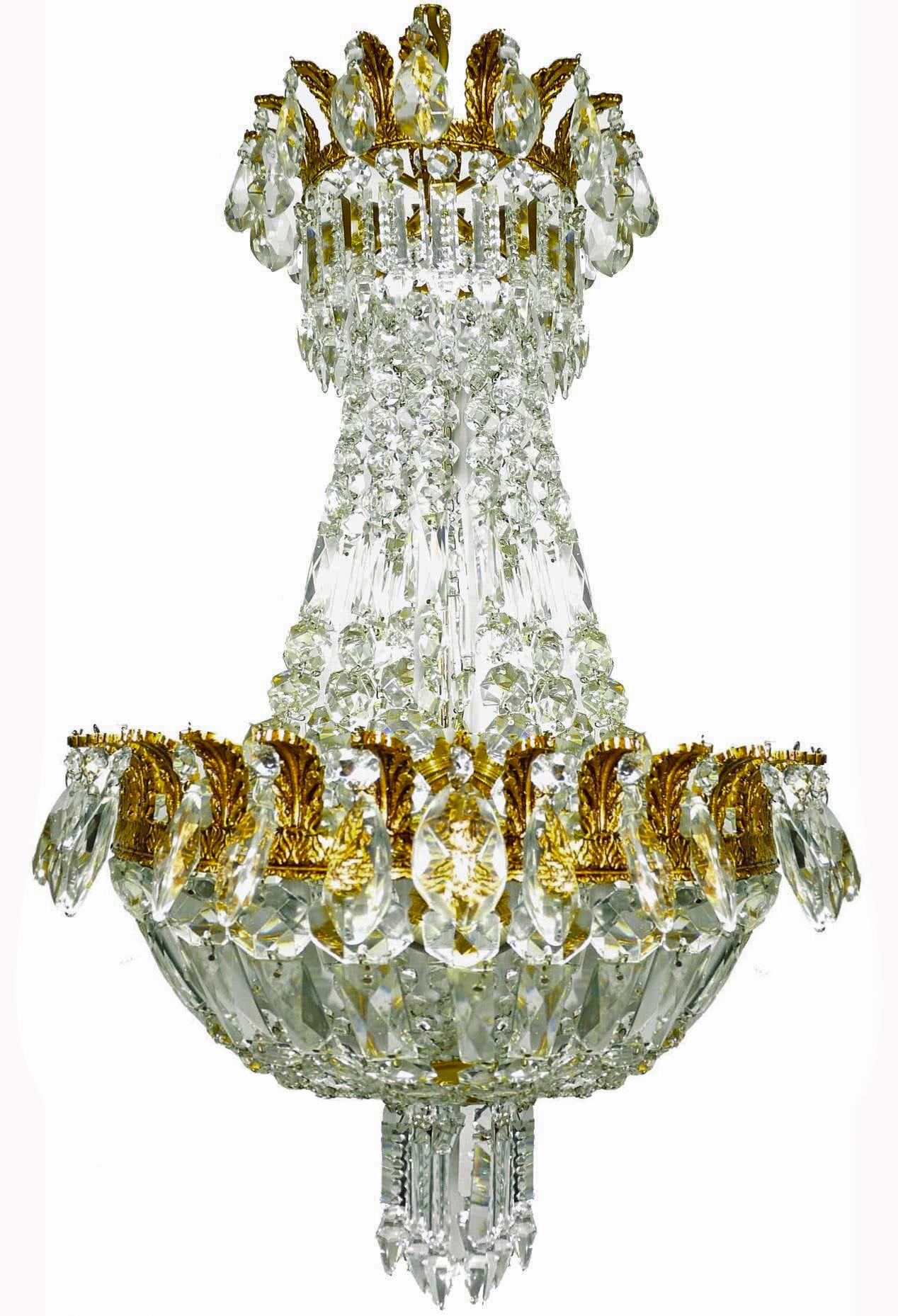 Français Lustre panier Empire français Louis XVI Hollywood Regency en bronze doré et cristal en vente