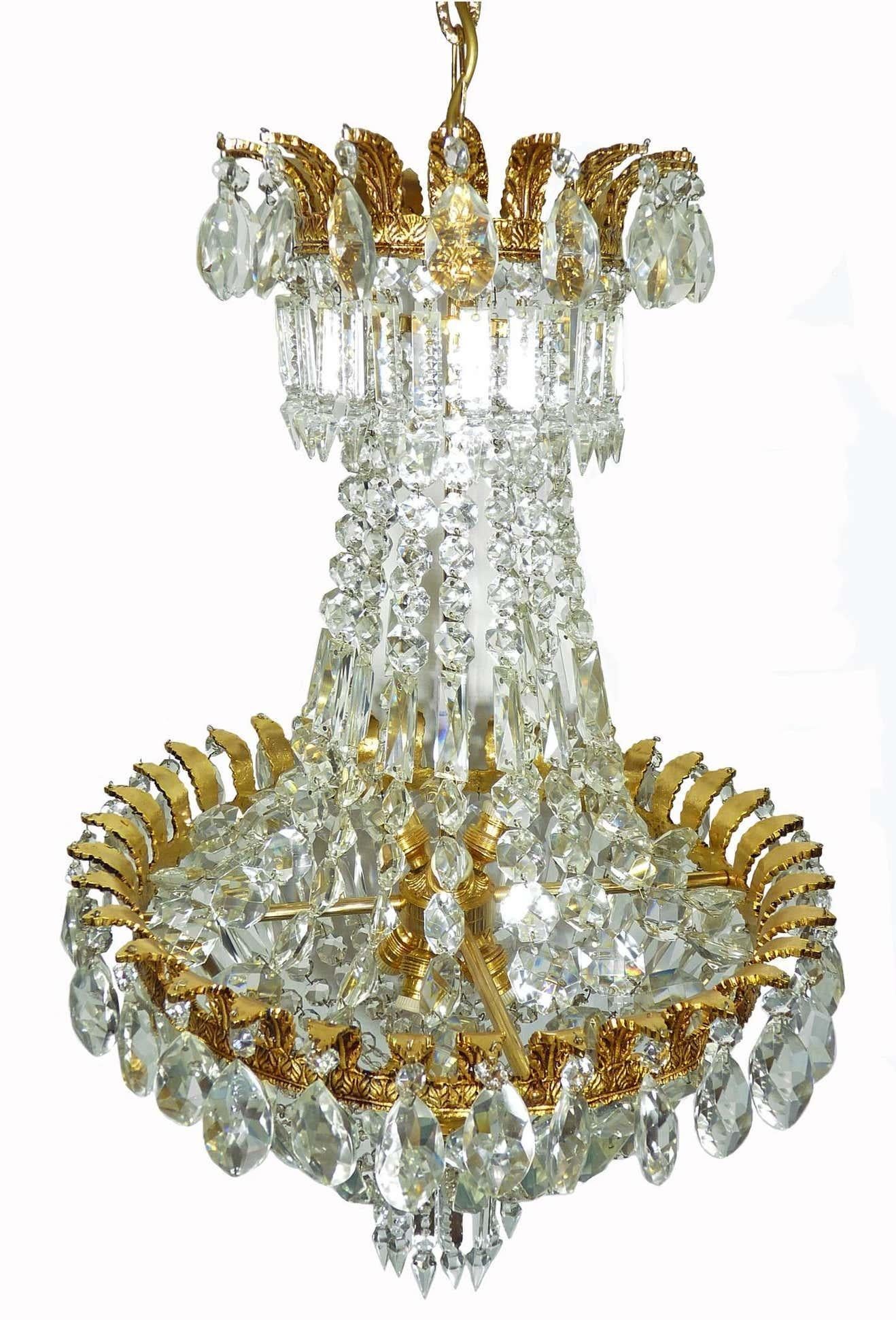 20th Century French Louis XVI Hollywood Regency Empire Basket Gilt Bronze Crystal Chandelier For Sale