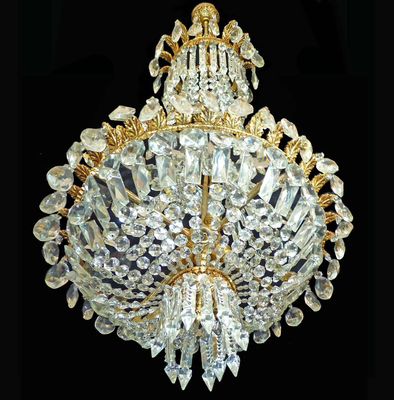 French Louis XVI Hollywood Regency Empire Basket Gilt Bronze Crystal Chandelier For Sale 1