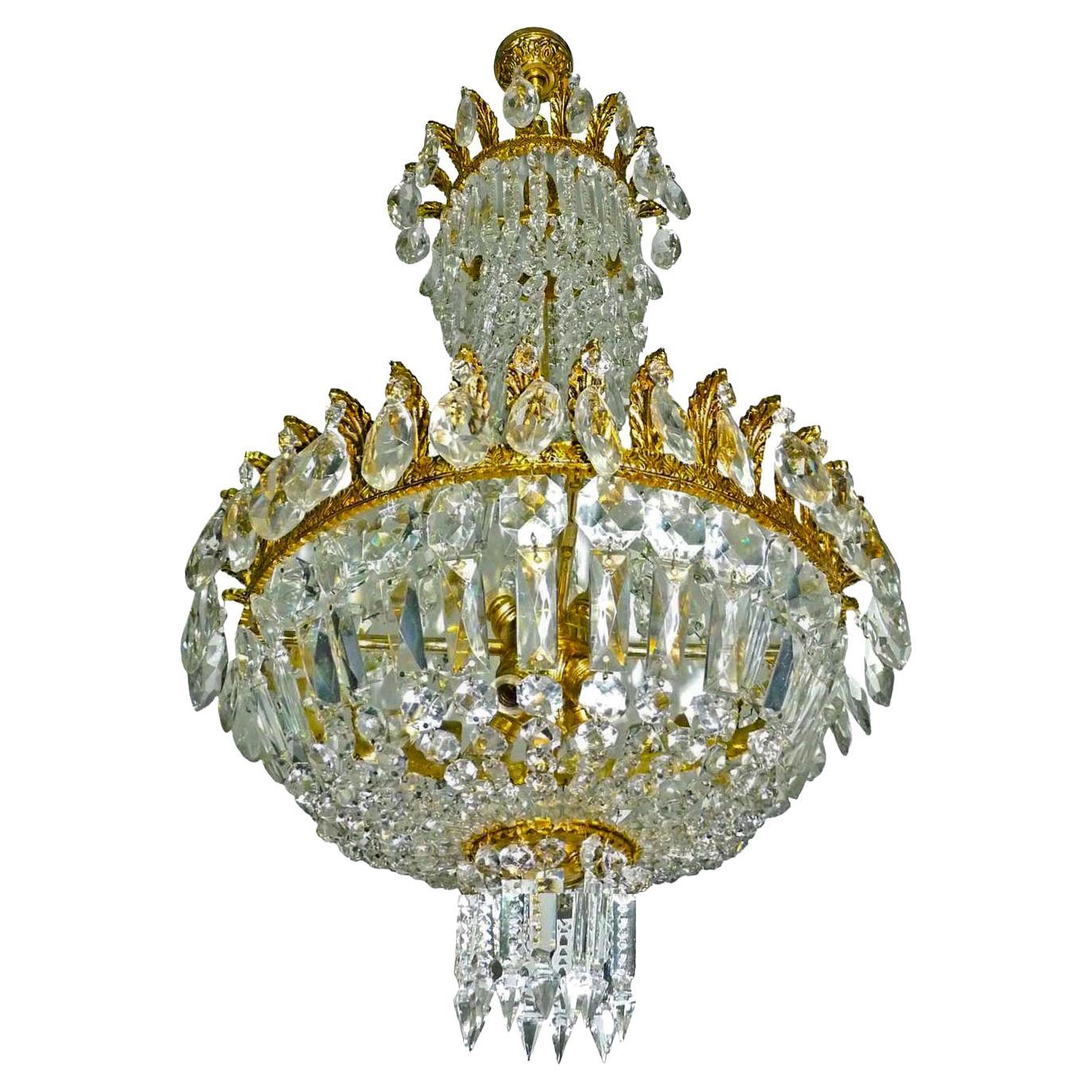 Lustre panier Empire français Louis XVI Hollywood Regency en bronze doré et cristal
