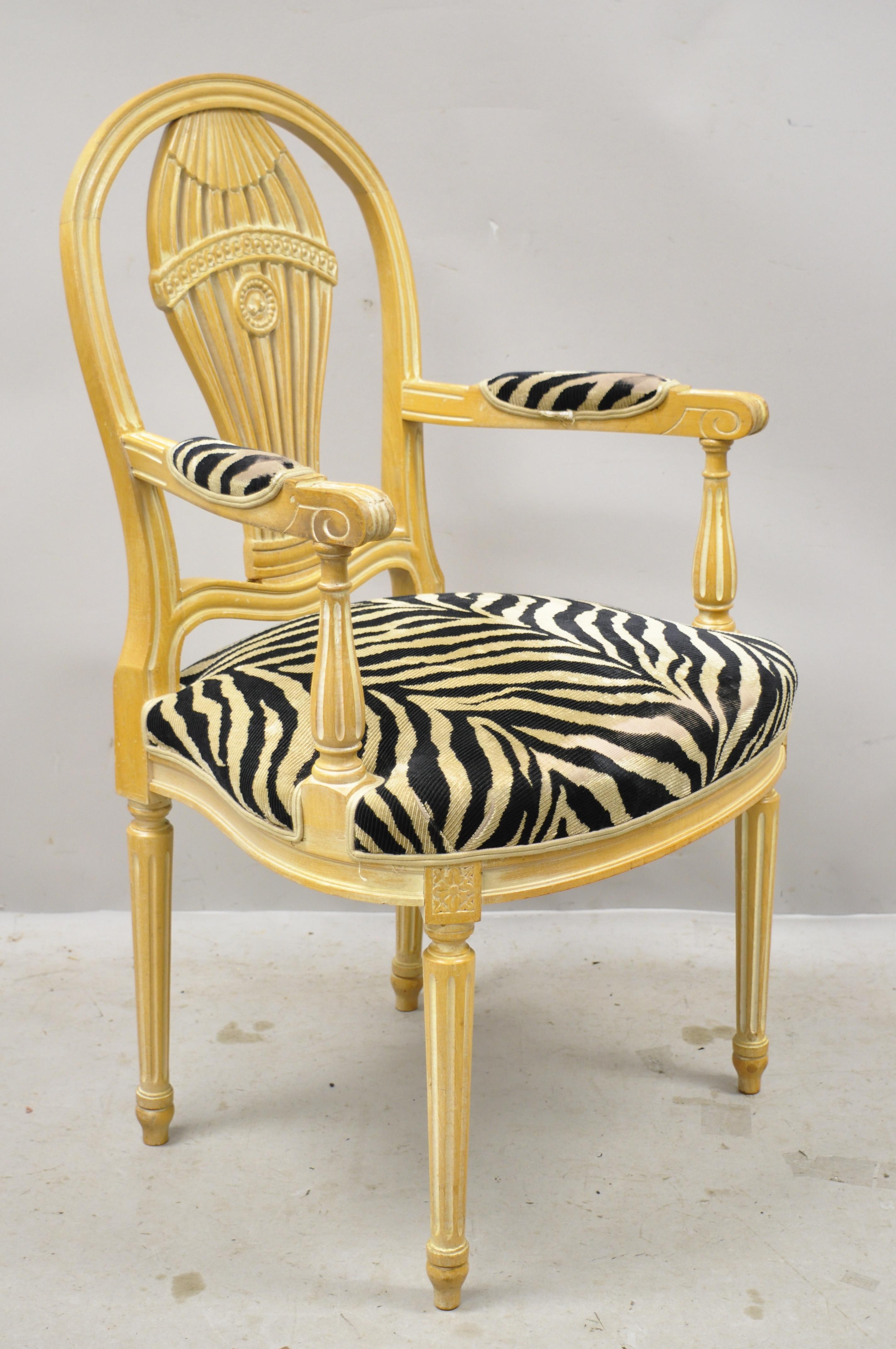 French Louis XVI hot air balloon back Montgolfier zebra print fauteuil armchair. Item features upholstered armrests, nicely carved details, tapered legs, very nice vintage item, great style and form, circa mid-20th century. Measurements: 38.5
