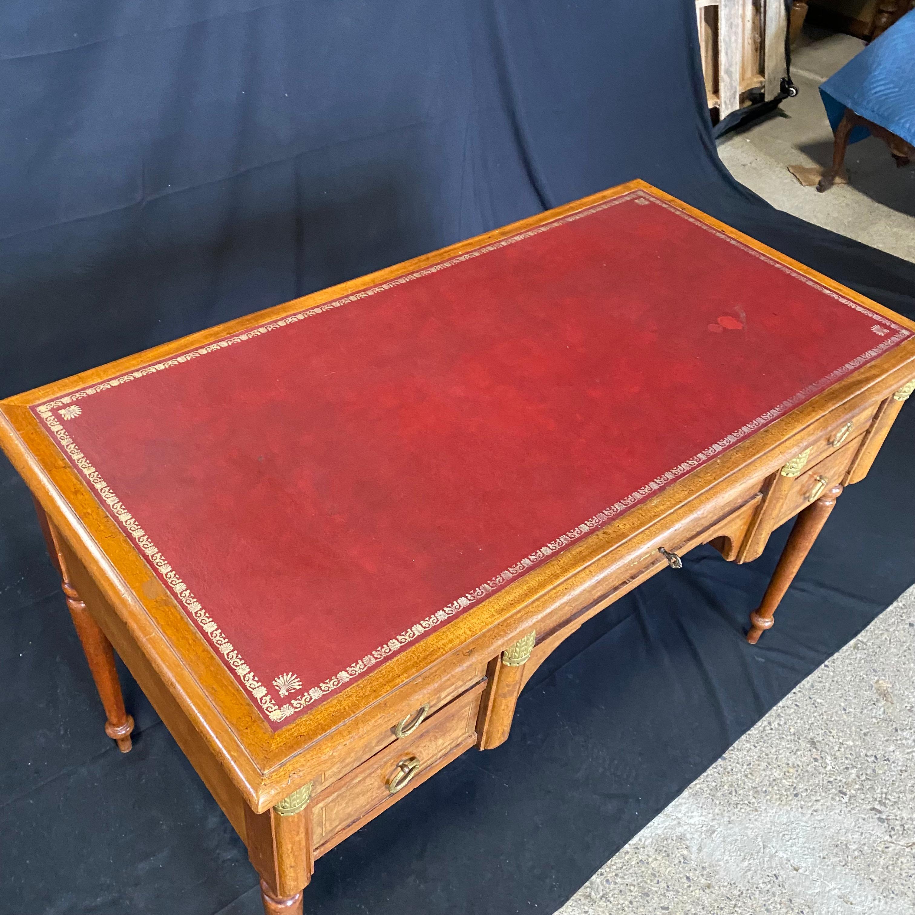 French Louis XVI Inlaid Burled Walnut Desk with Embossed Leather Top In Good Condition For Sale In Hopewell, NJ