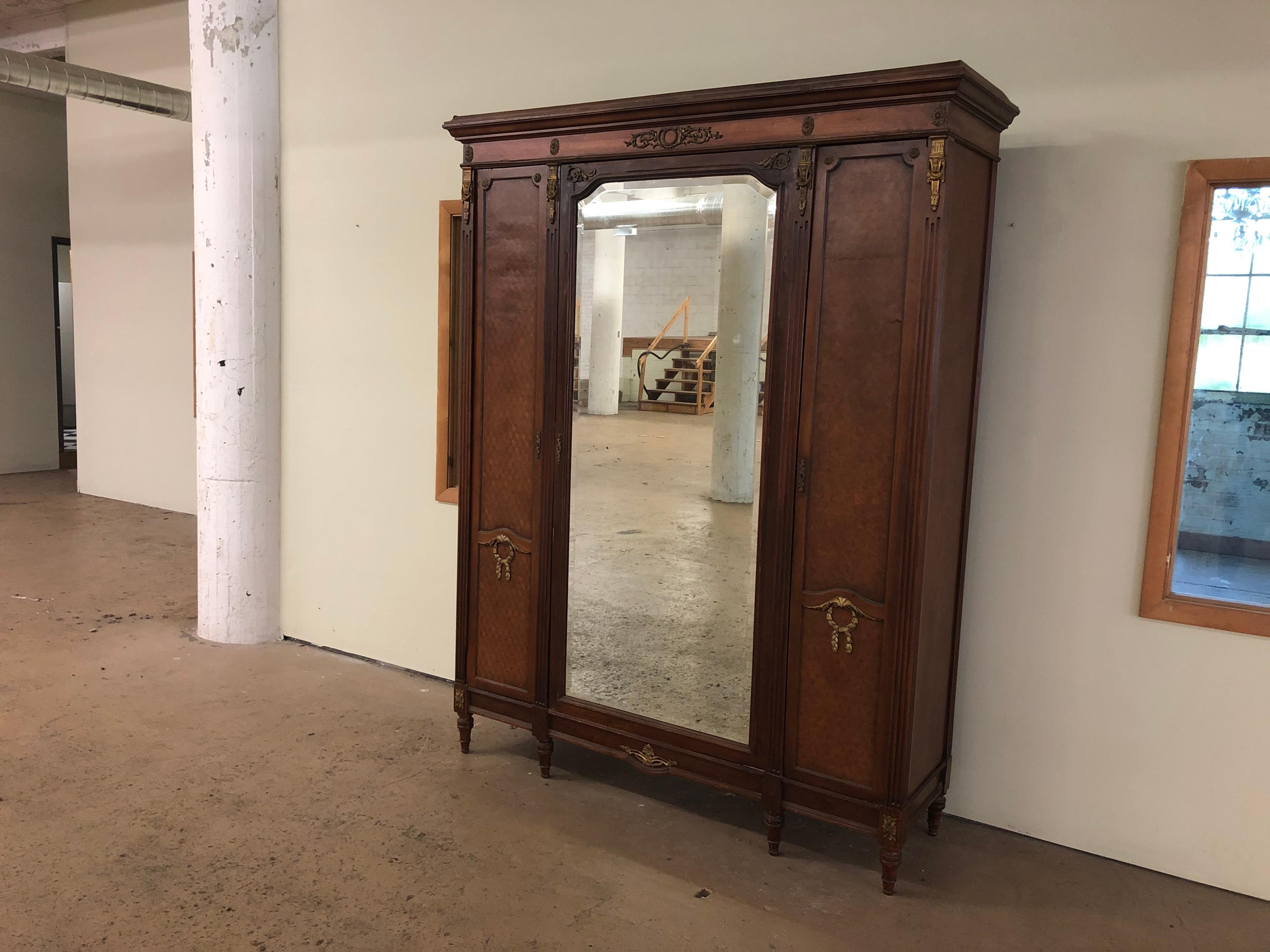French Louis XVI Inlaid Parquetry and Ormolu Mirrored Armoire, circa