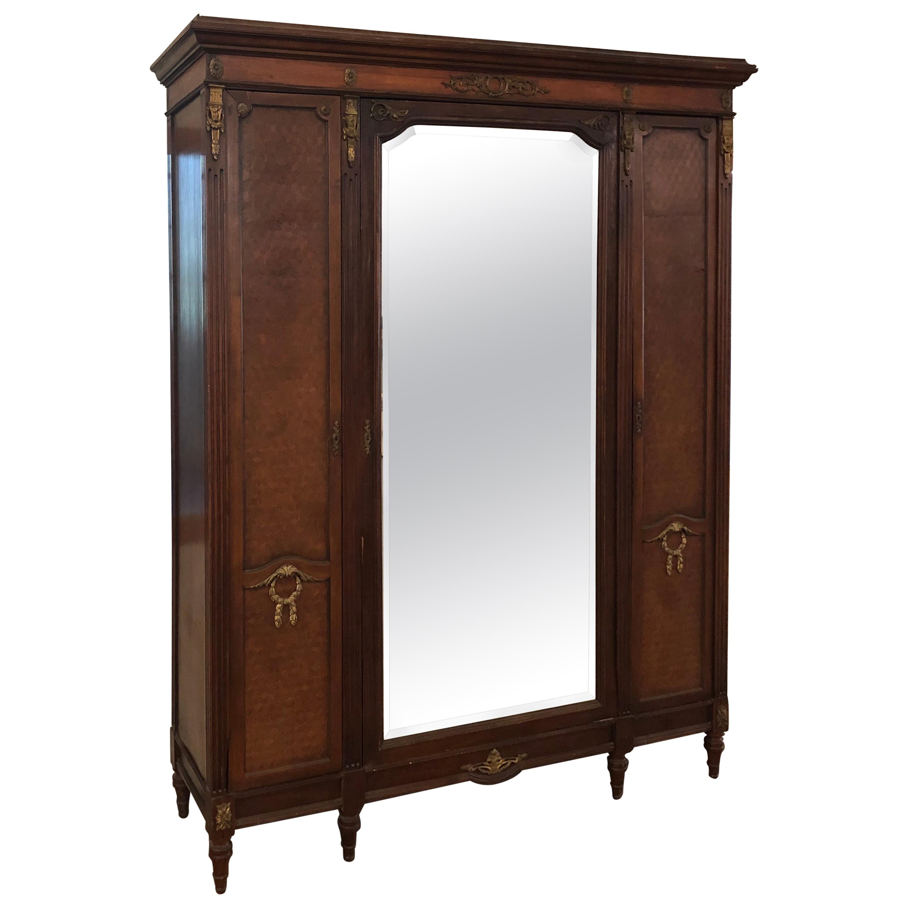French Louis XVI Inlaid Parquetry and Ormolu Mirrored Armoire, circa 1900