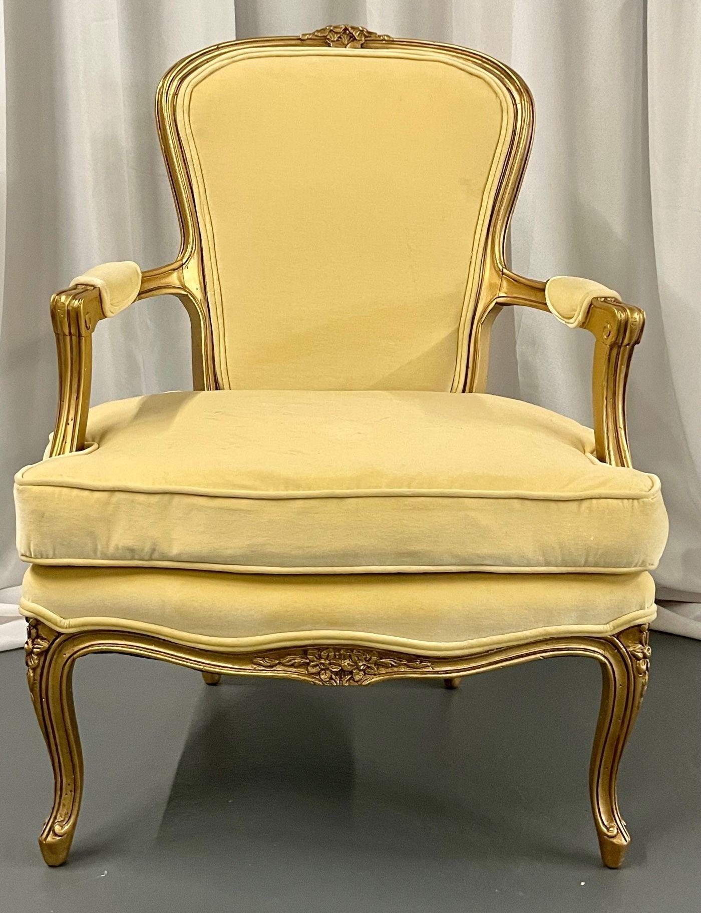 French Louis XVI Jansen Style Bergere, Arm / Accent Chair, Velvet, Giltwood In Good Condition For Sale In Stamford, CT