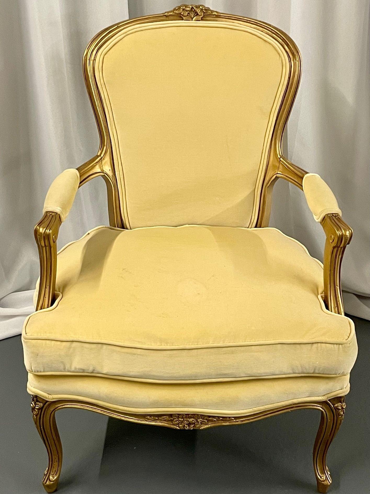 20th Century French Louis XVI Jansen Style Bergere, Arm / Accent Chair, Velvet, Giltwood For Sale