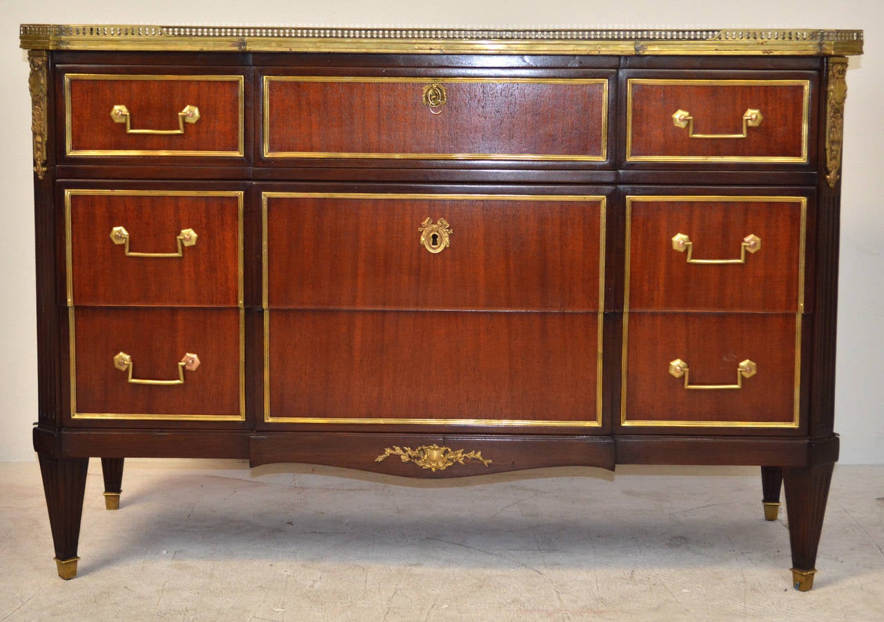 20th Century French Louis XVI Jansen Style Brass-Mounted Mahogany Commode For Sale