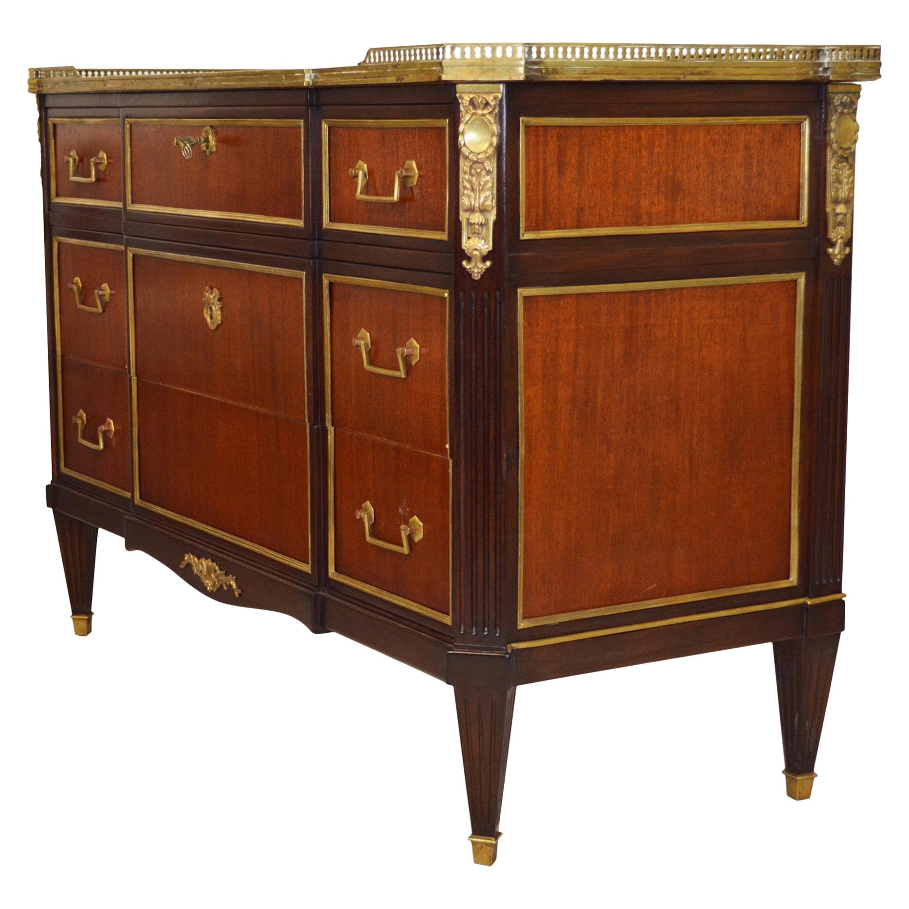 French Louis XVI Jansen Style Brass-Mounted Mahogany Commode For Sale