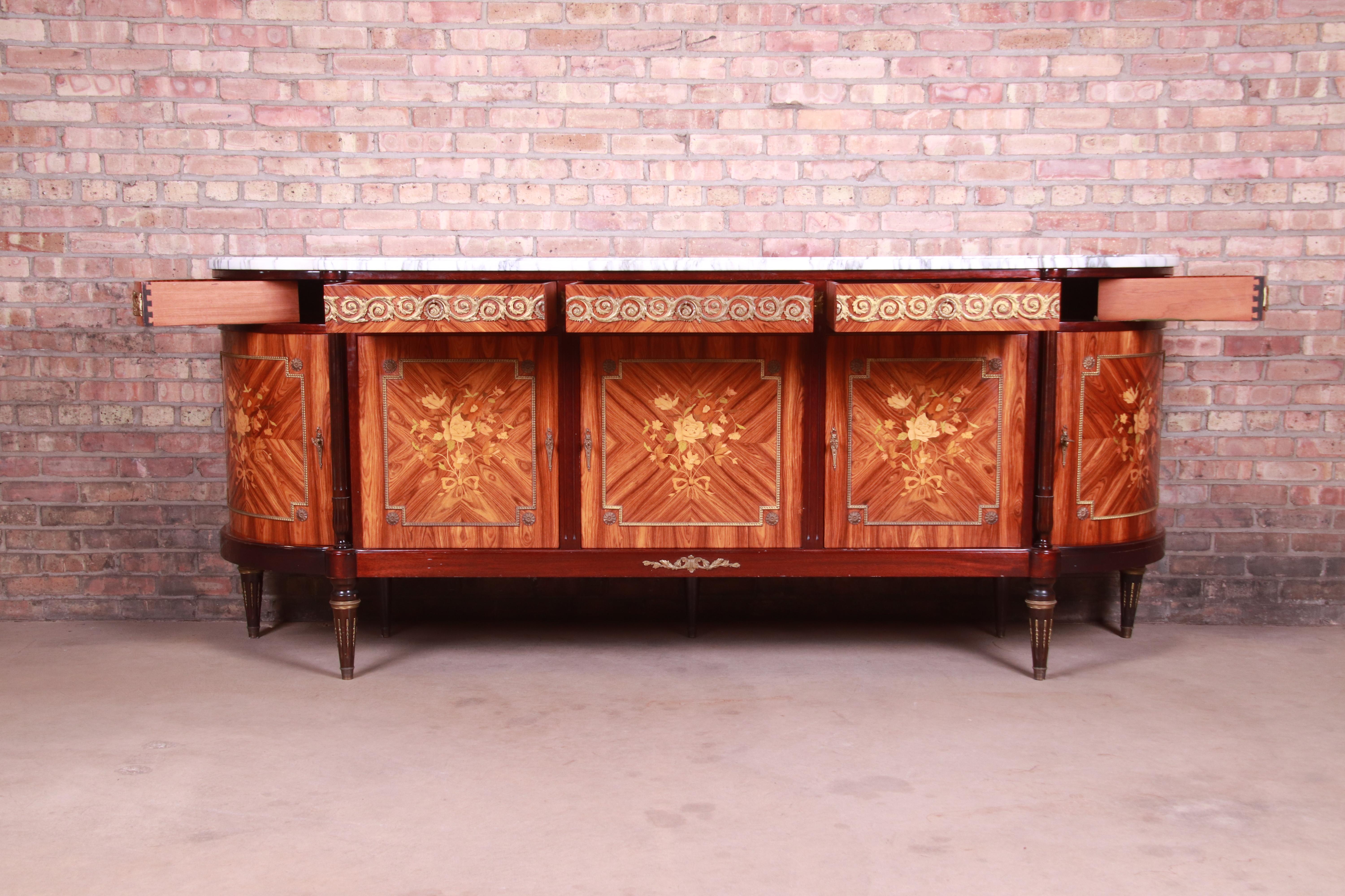 French Louis XVI Kingwood Inlaid Marquetry Marble Top Bronze Mounted Sideboard 7
